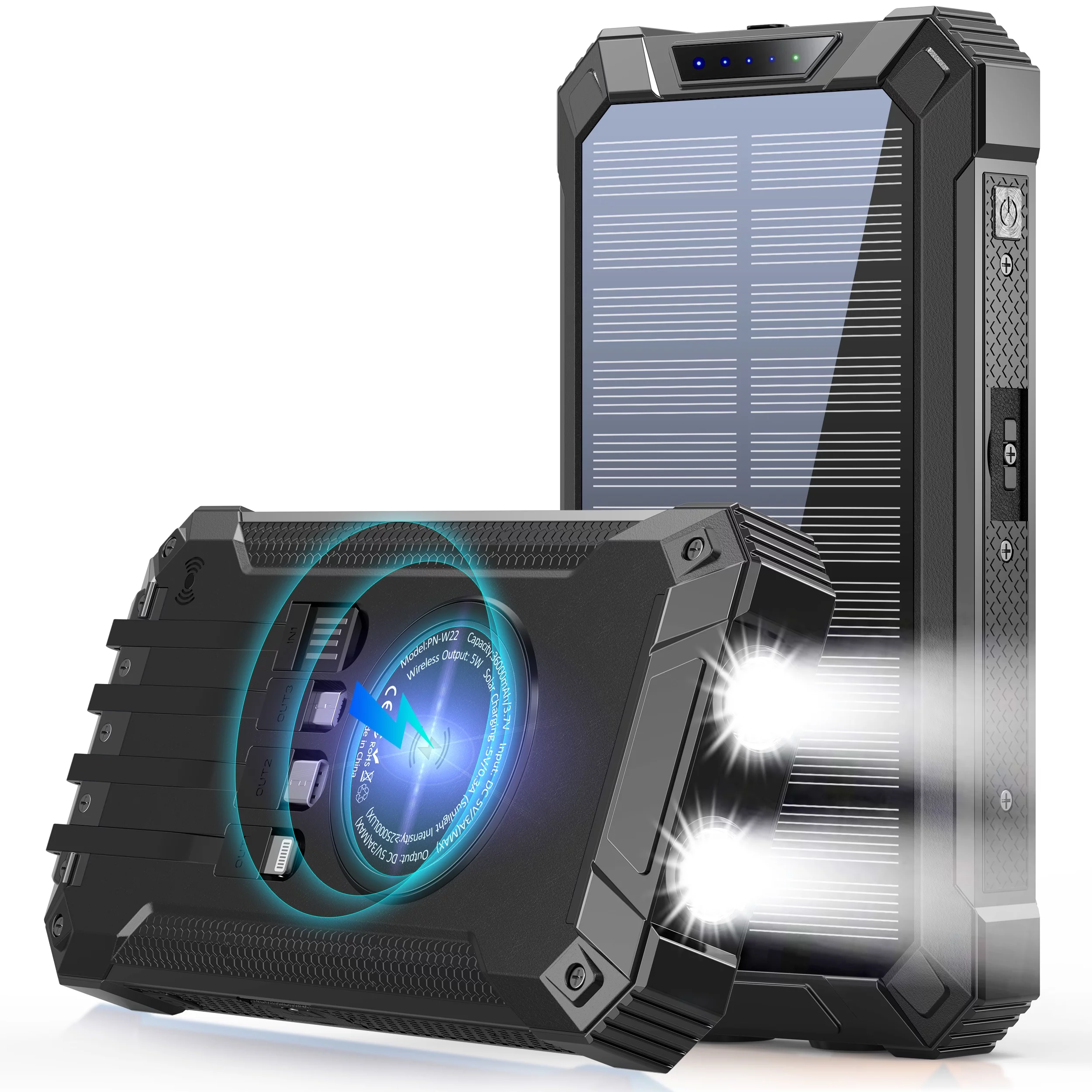 GOODaaa 36000mAh Solar Power Bank Battery Pack Qi Wireless, Portable Solar Charger with 4 Cables