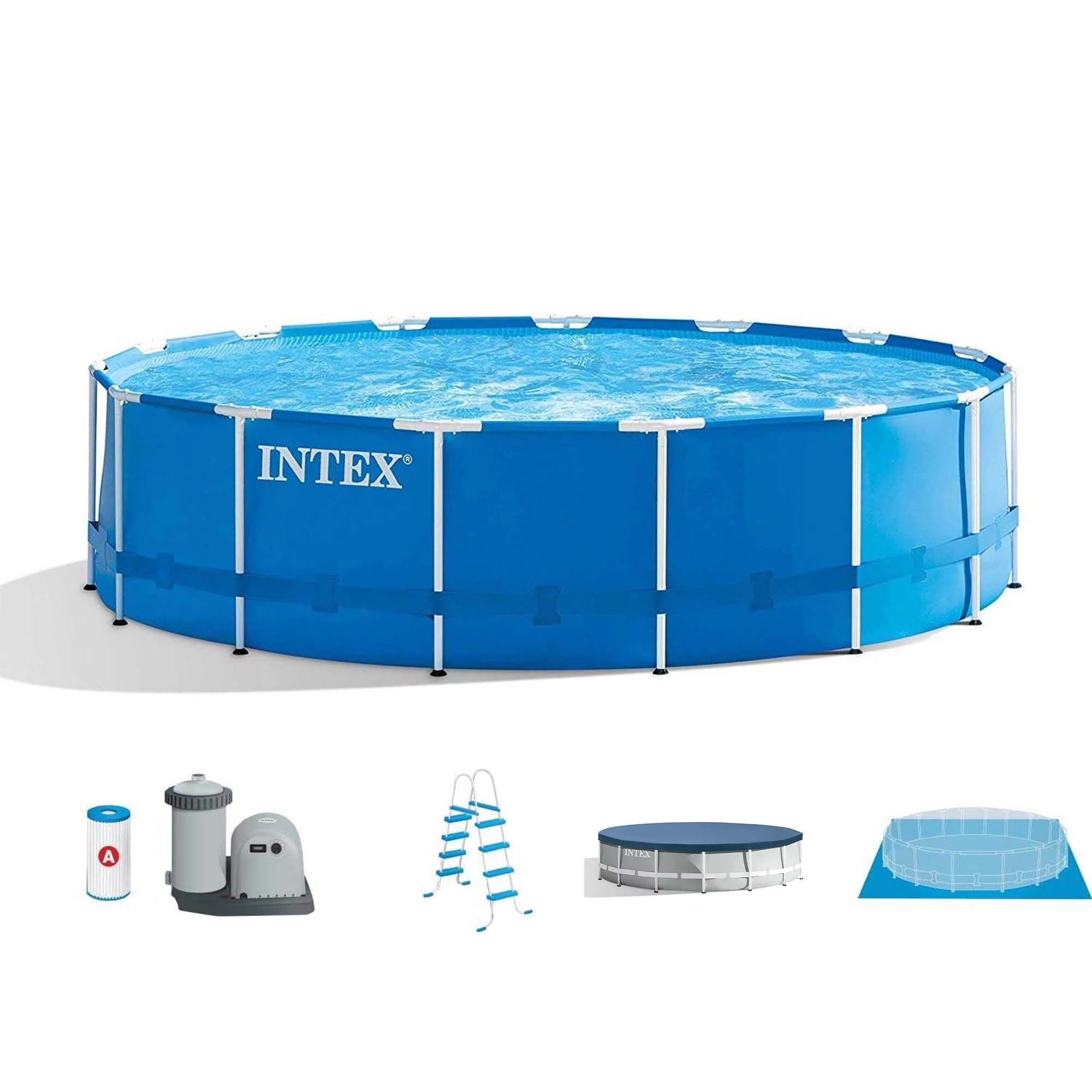 Intex Metal Frame 15′ x 48″ Outdoor Above Ground Pool Set with Pool Cover