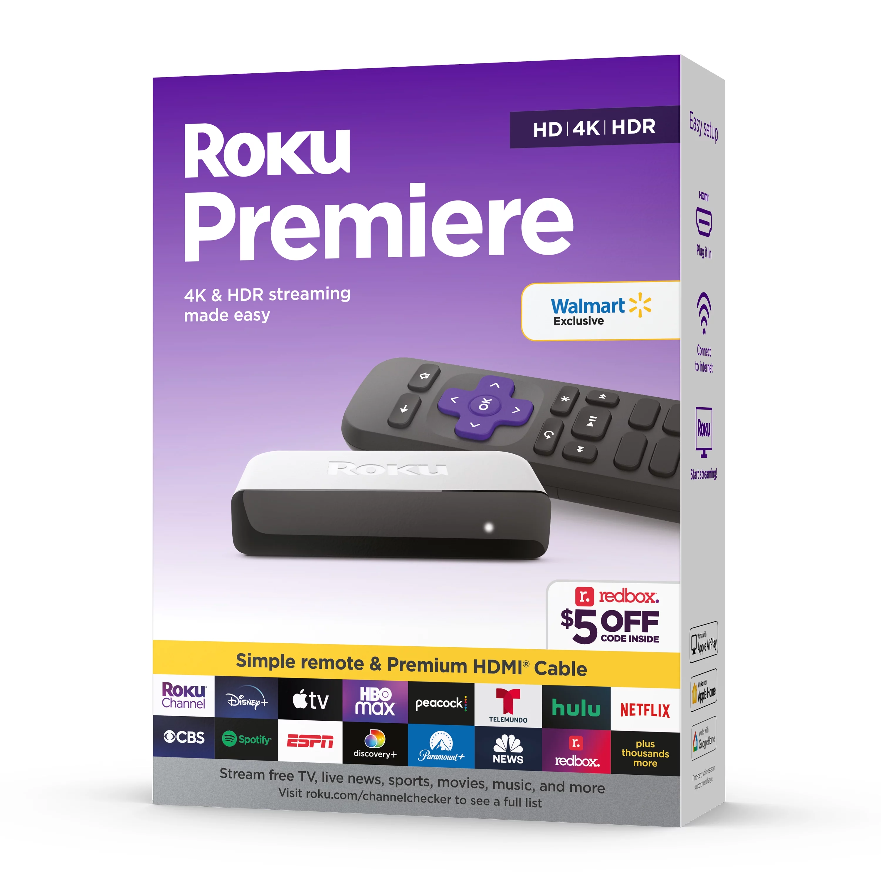 Roku Premiere | 4K/HDR Streaming Media Player Wi-Fi Enabled with Premium High Speed HDMI Cable and Standard Remote