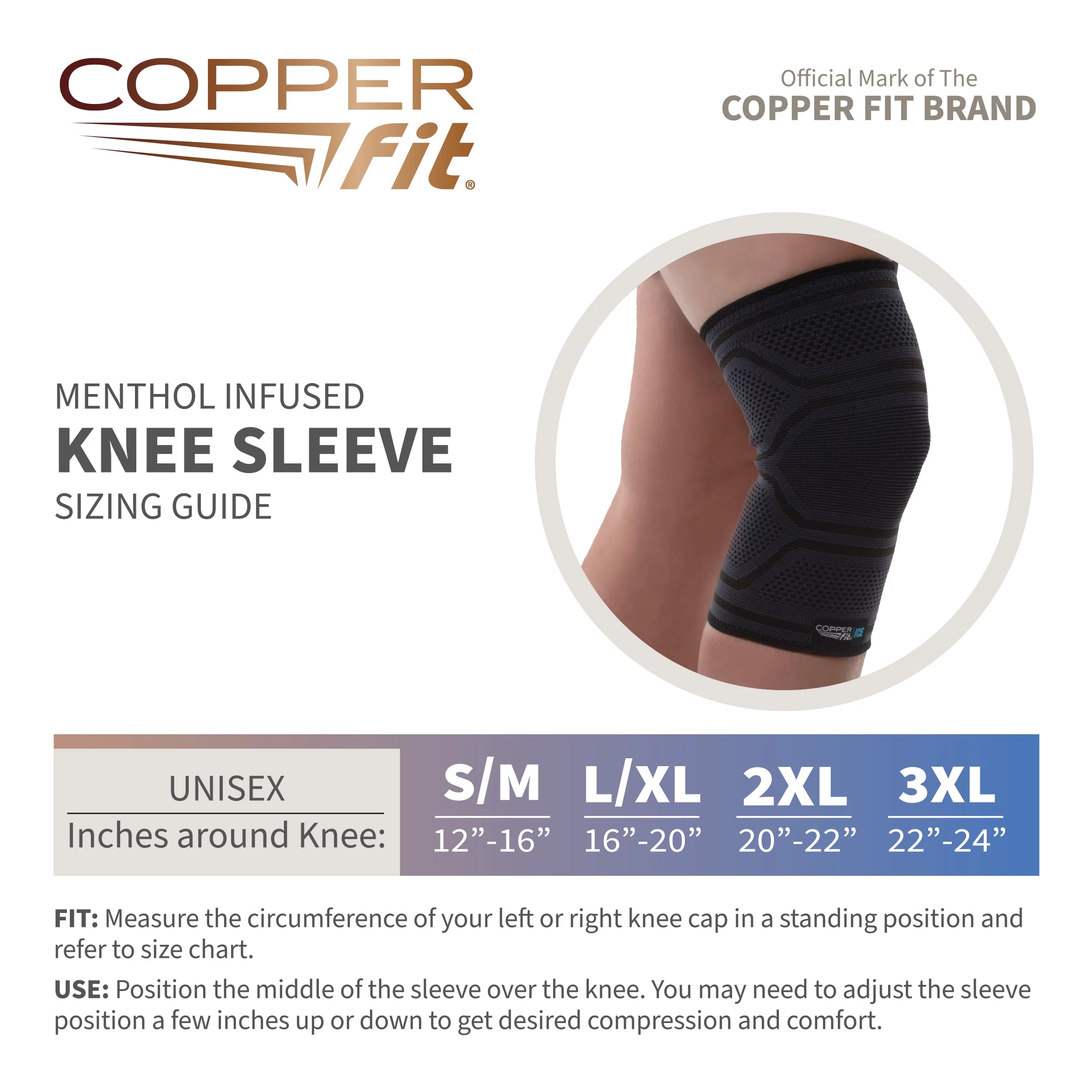 Copper Fit Ice Knee Compression Sleeve Infused with Menthol, Large/XL, Black, 1-Pack