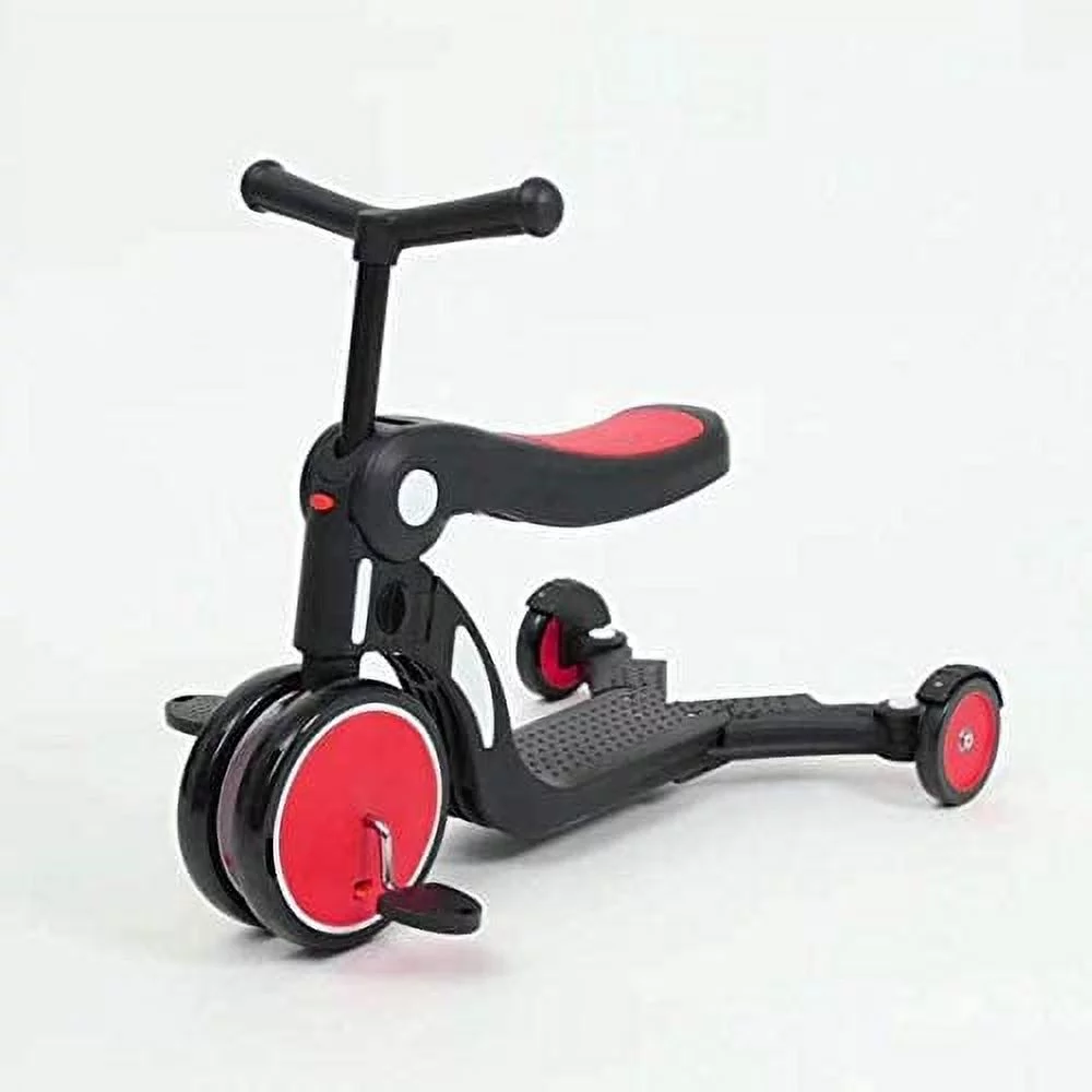 MIIANOO 5 in 1 Tri-Scoot Scooter for Kids, Foldable Seat Tricycle – Red FREE Helmet, Knee and Elbow Pads