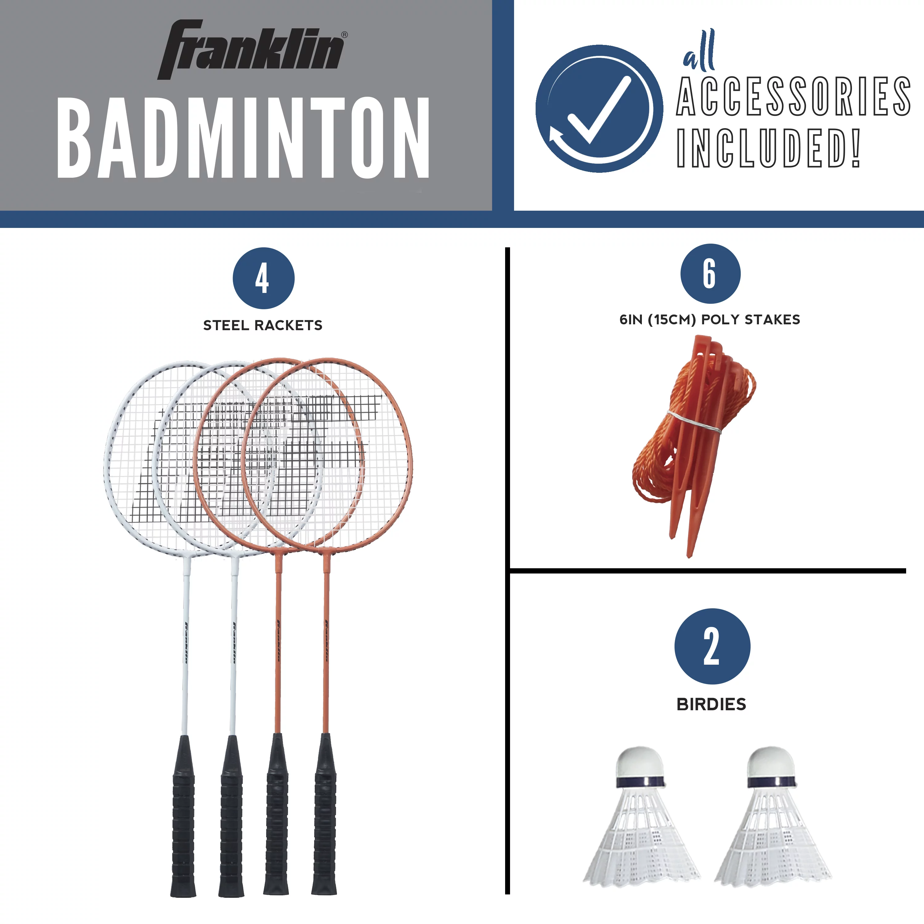 Franklin Sports Badminton Net Starter Set – Includes 4 Steel Rackets, 2 Birdies, Adjustable Net and Stakes – Backyard or Beach Badminton Set – Easy Net Setup