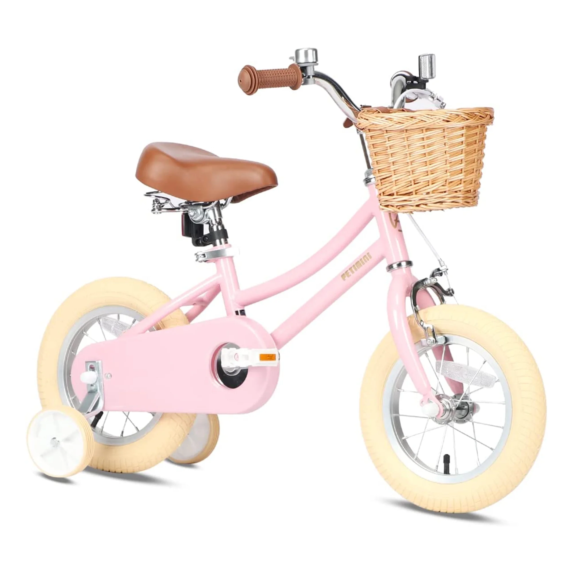 Petimini 14 Inch Child Bicycle with Basket, Bell, and Training Wheels, Pink