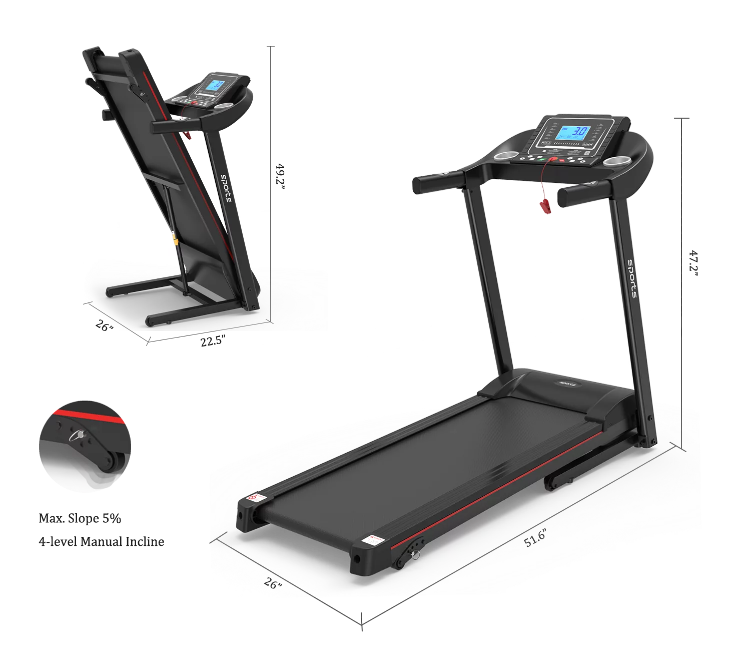 Home Foldable Running electromechanical treadmill 5 “LCD screen 250 lb capacity with Bluetooth