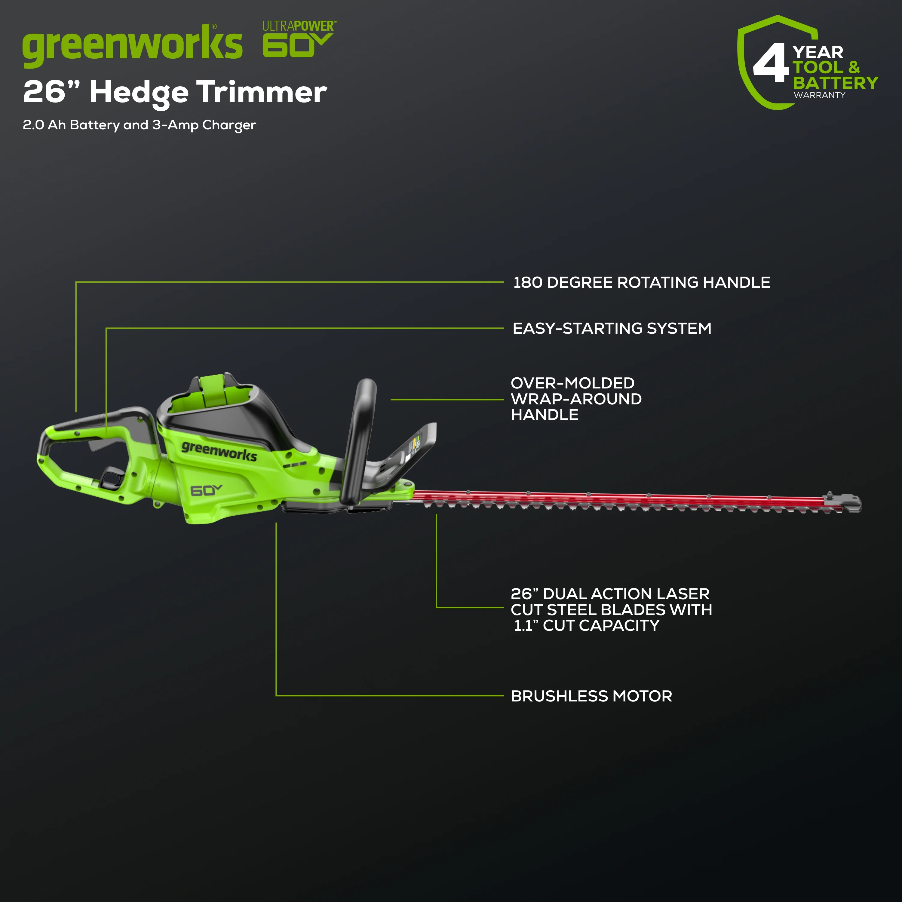 Greenworks 60V 26″ Hedge Trimmer with 2.0 Ah Battery & 3 Amp Charger 2216602