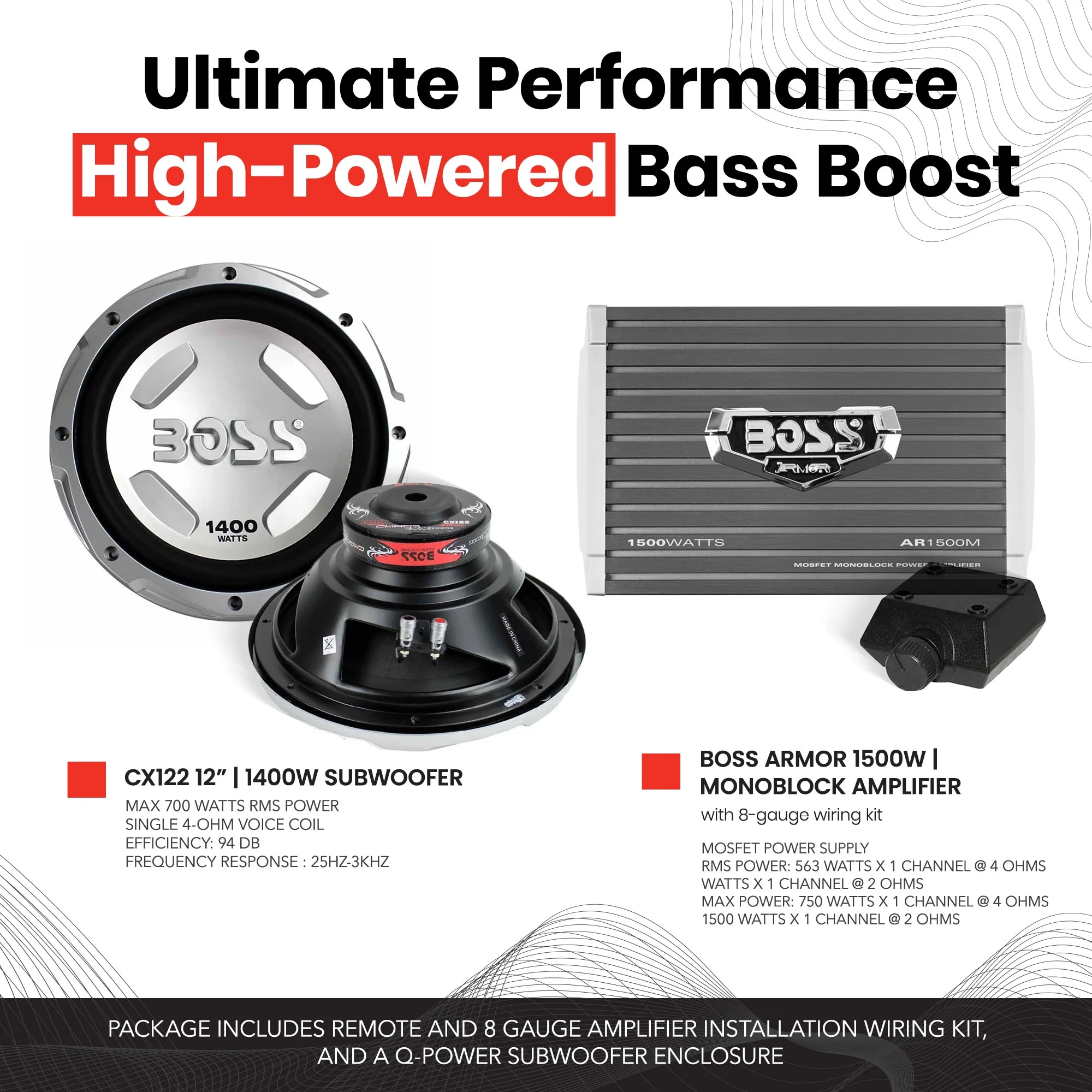 Boss Audio 12″ 1400W Subwoofer, 1500W Amplifier w Amp Kit & QPower 12″ Enclosure