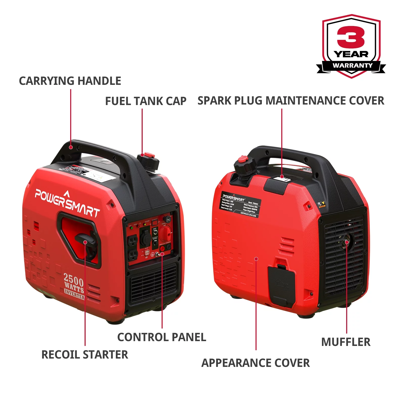 PowerSmart 2500Watt Portable Inverter Gas Powered Generator for Outdoors Camping,Low Noise