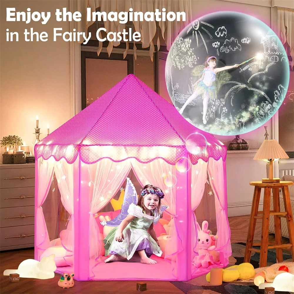 NOGIS Princess Castle Girls Play Tent Toy, Kids Fairy Playhouse Tent with Star Lights, 55” x 53” Playhouse Kids Castle Play Tent for Children Indoor and Outdoor Games Children’s Day Gift,Pink