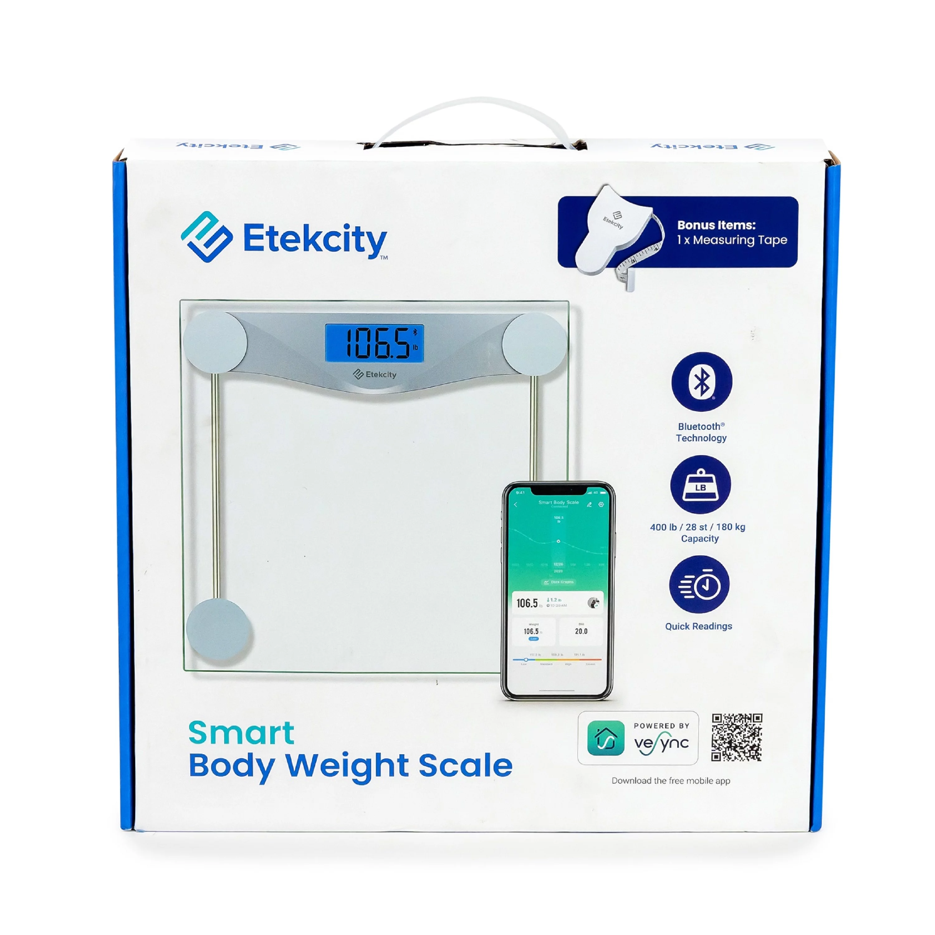 Etekcity Smart Scale for Weight, 400lb Capacity Bathroom Scale with LCD Display, Glass and Silver, ESB4074C-RBX