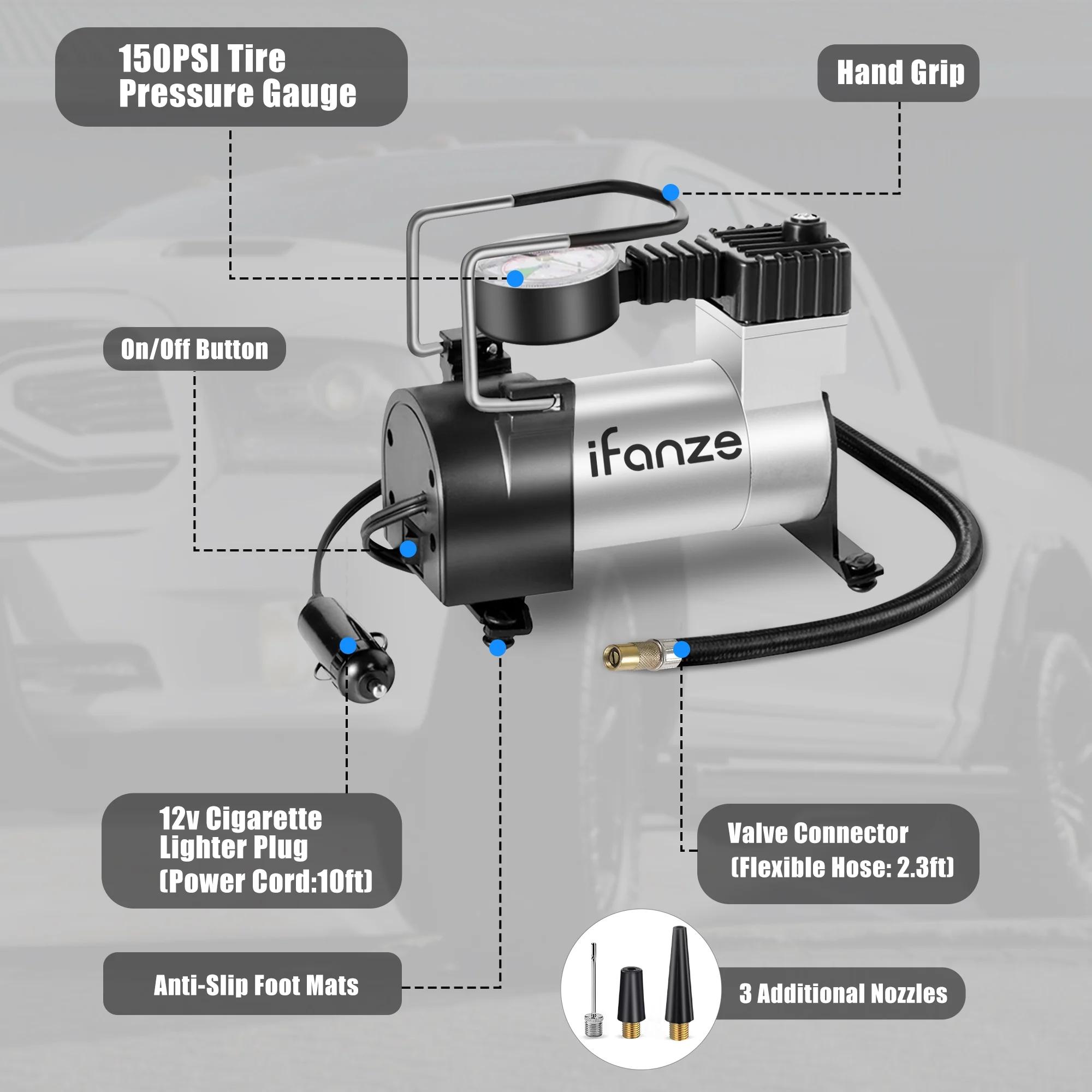 iFanze Tire Inflator Portable Air Compressor Pump DC 12V Tire Inflator for Car, Air Pumps with Mechanical Pressure Gauge for Car, Bicycle, Motorcycle, Basketball