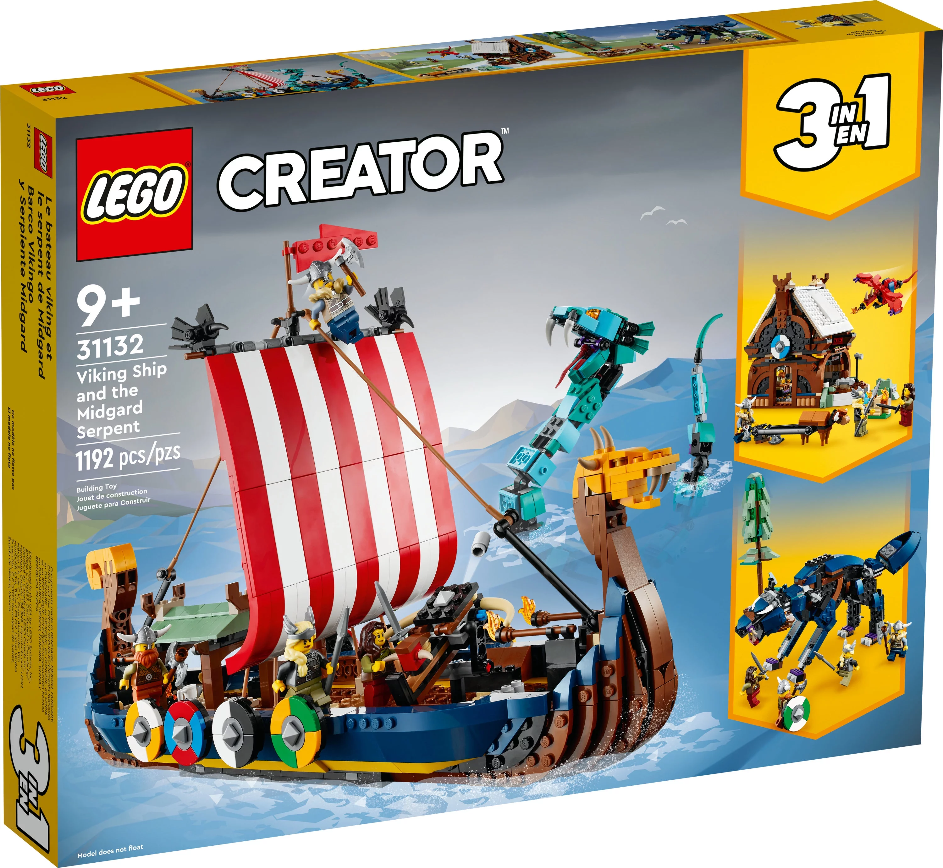 LEGO Creator 3 in 1 Viking Ship and the Midgard Serpent, Transforms from Amazing Ship to Viking House or Fenris Wolf Figure, Gifts for Kids, Boys, and Girls, 31132