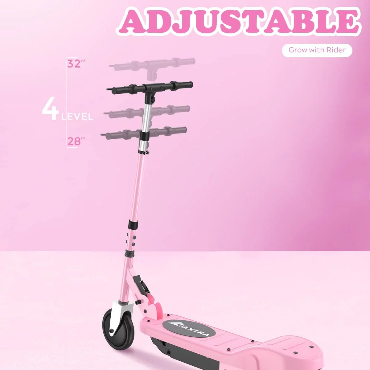 Maxtra Folding Electric Scooter, Adjustable Handlebar for Kids Ages 6-12, 60 Min Run Time Pink