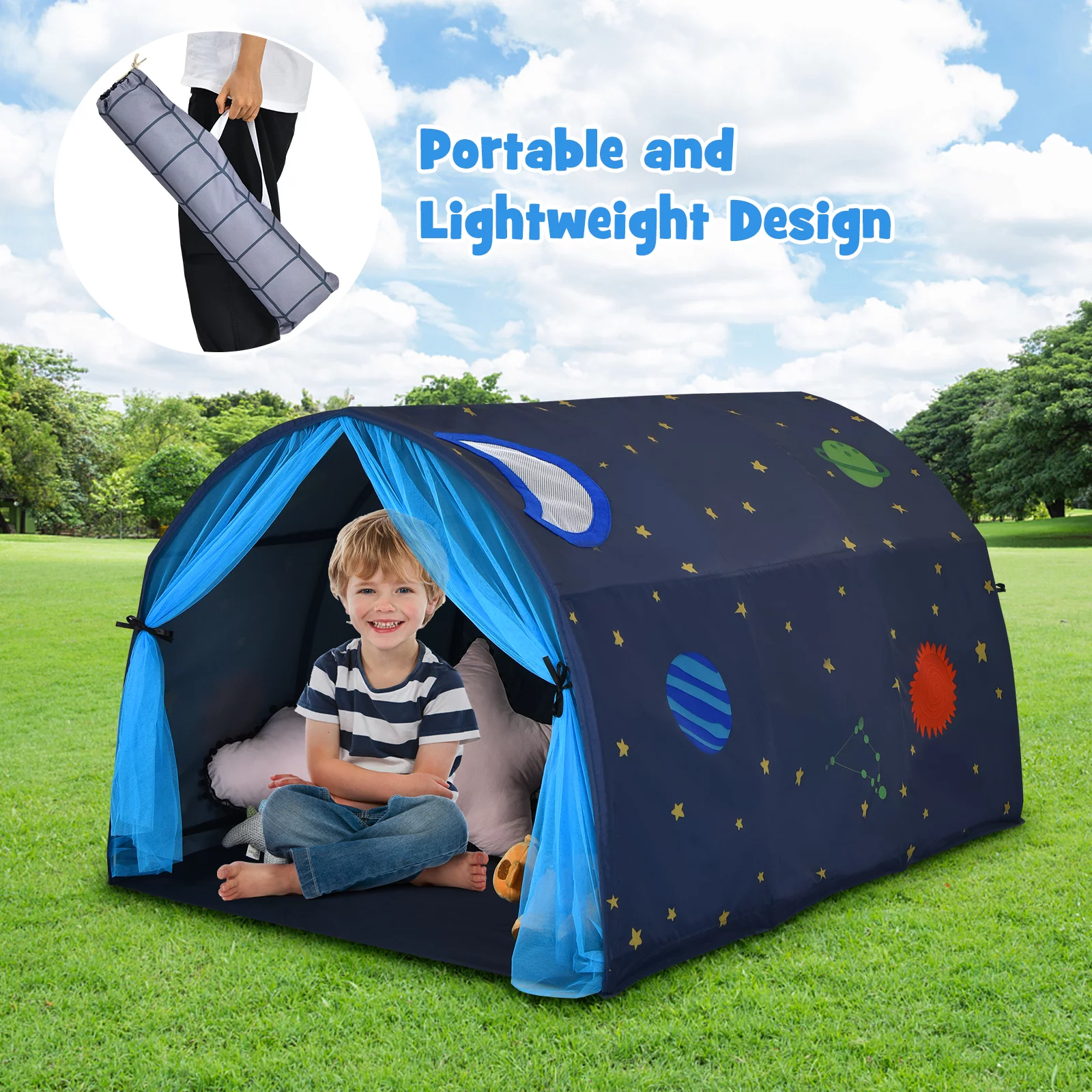 Infans Kids Bed Tent Play Tent Portable Playhouse Twin Sleeping w/ Carry Bag