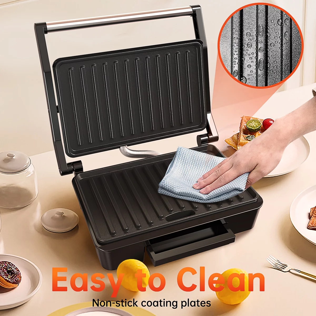 Panini Press Sandwich Maker, 2 Slice Stainless Steel Panini Press Grill, Non-Stick Sandwich Press Maker with Removable Drip Tray for Any Thickness Sandwich, Burgers, Steak