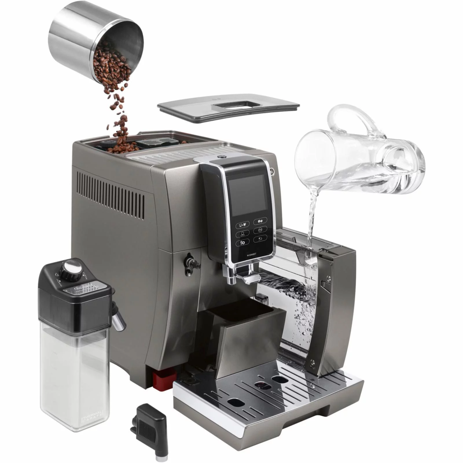 De’Longhi Dinamica Plus, Smart Coffee and Espresso Machine with Coffee Link Connectivity App and Automatic Milk Frother, Titanium