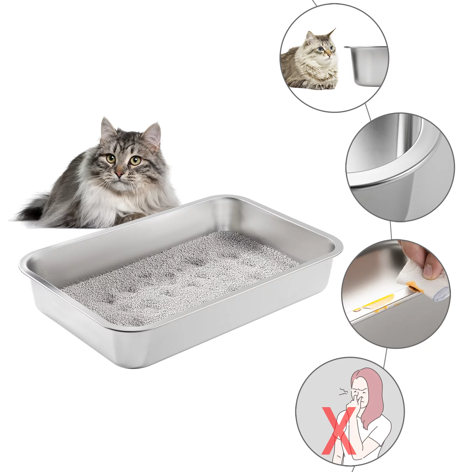 Yangbaga Stainless Steel Litter Box for Cat and Rabbit, Odor Control Litter Pan, Non Stick Smooth Surface, Easy to Clean, Never Bend, Rust Proof, Large Size with High Sides and Non Slip Rubber Feets