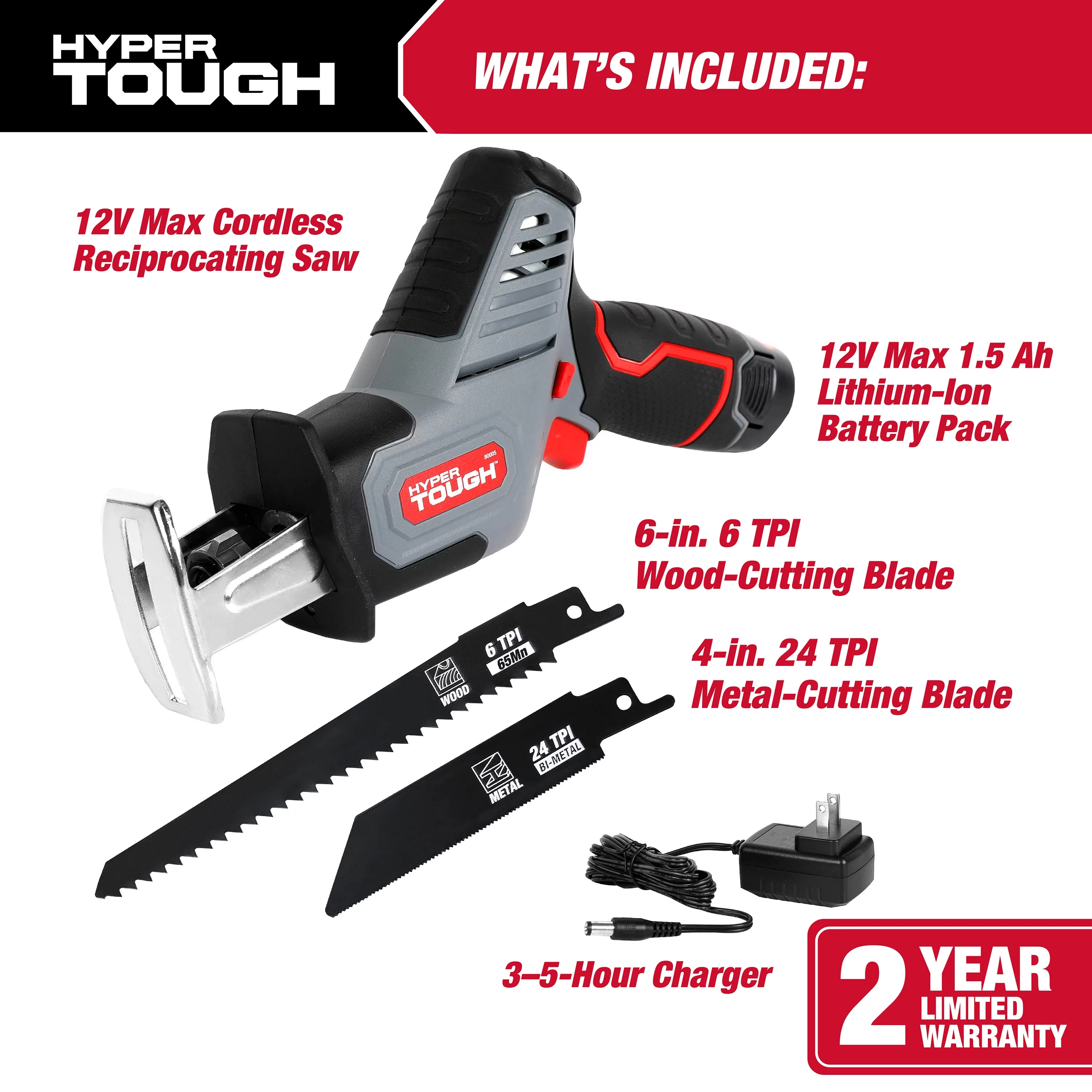 Hyper Tough 12V Max Lithium-Ion Compact Reciprocating Saw with 1.5Ah Battery and Charger, 80005