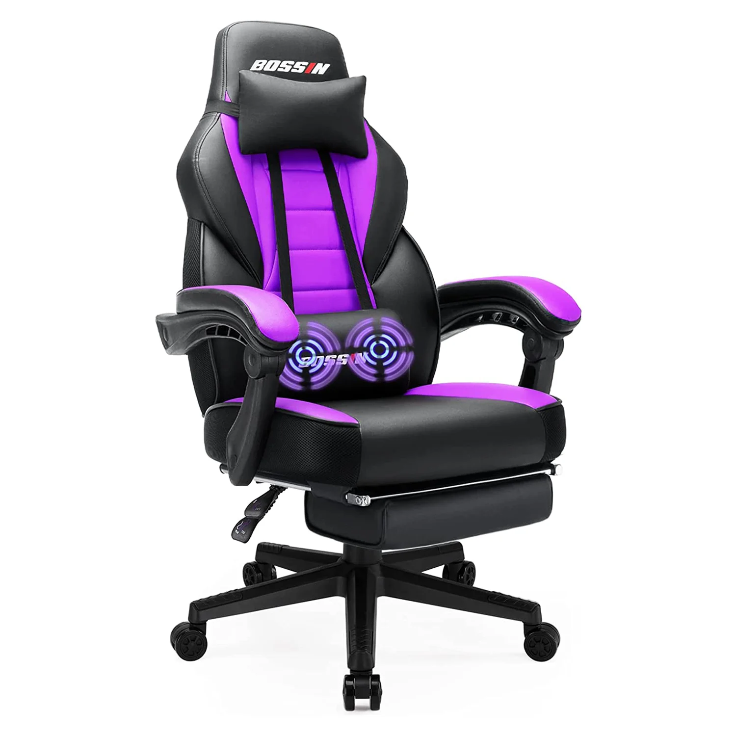 Bossin Gaming Chairs with Footrest, Massage Leather Game Chair for Adults, Big and Tall Gamer Chair with Headrest and Lumbar Support