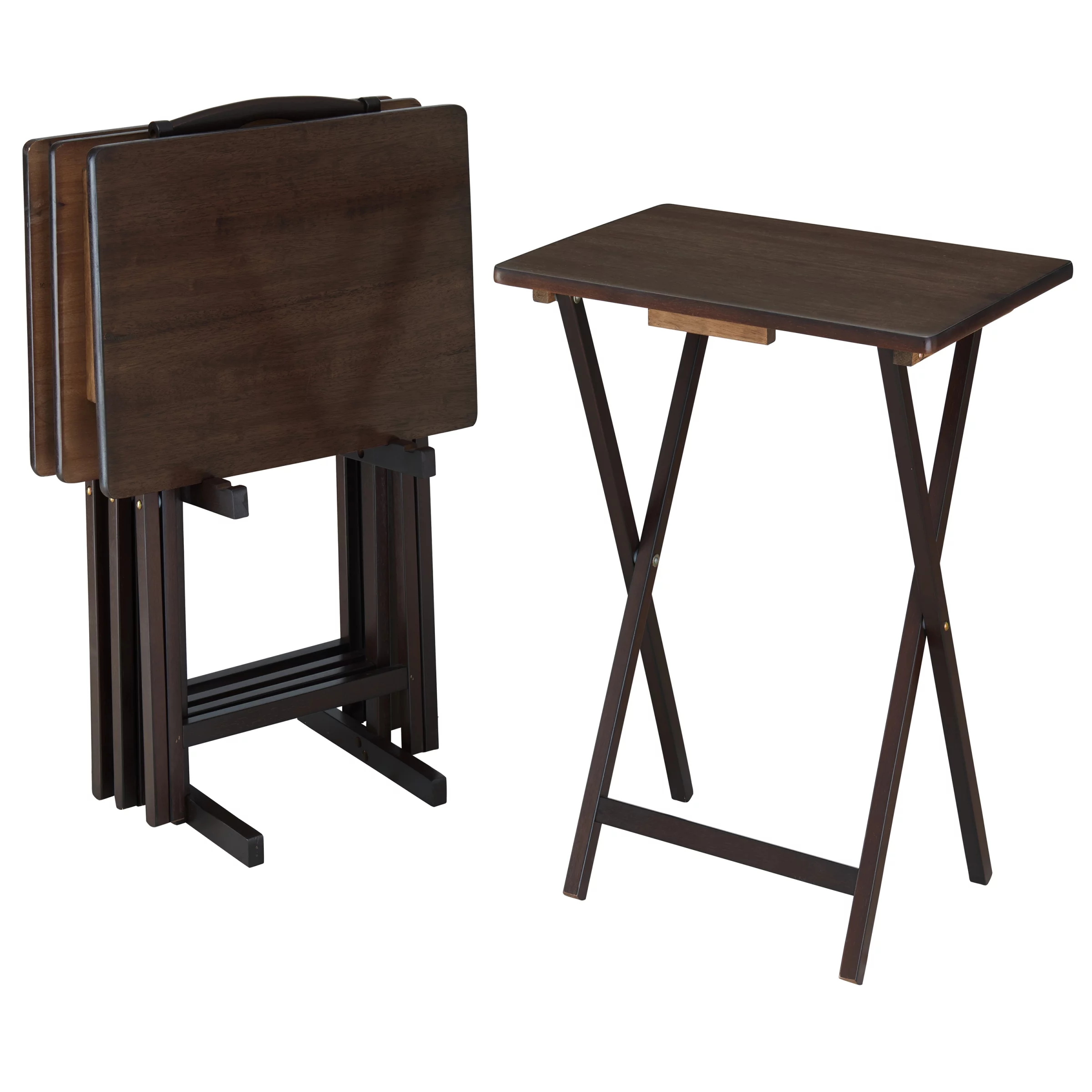 Mainstays Indoor Folding Table Set of 4 in Walnut L19 x W15 x H26 inches. 4 Tables+1 Rack Stand.