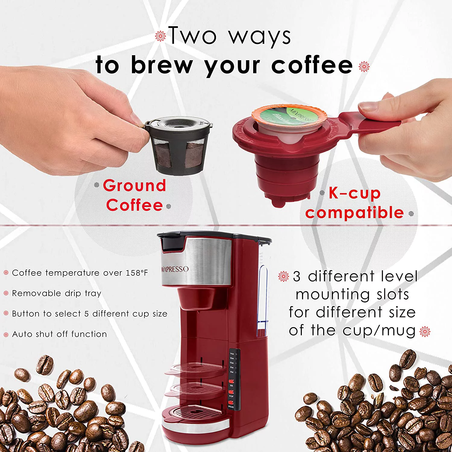 Mixpresso Single Serve 2 in 1 Coffee Brewer K-Cup Pods Compatible & Ground Coffee,Compact Coffee Maker Single Serve With 30 oz Detachable Reservoir, 5 Brew Size and Adjustable Drip Tray (White)