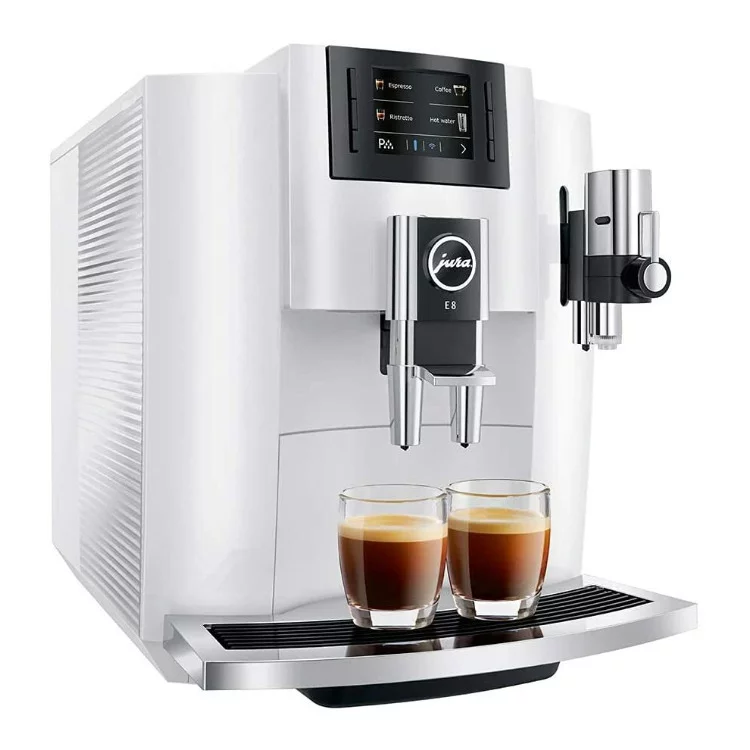 Jura E8 Automatic Espresso Machine (Piano White) with Glass Milk Container