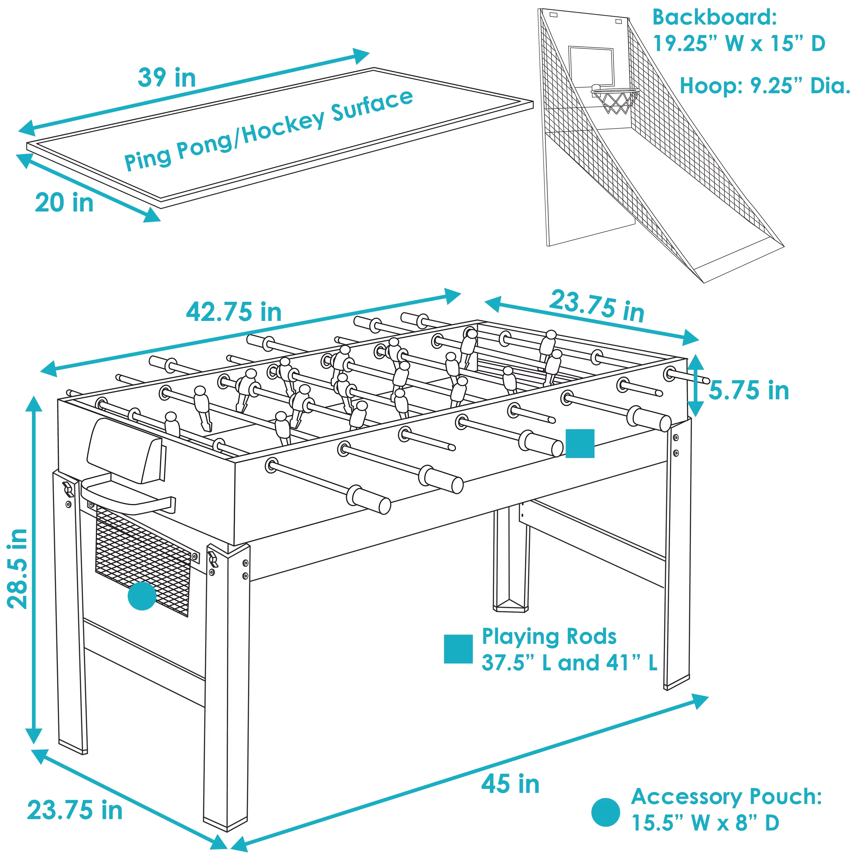 Sunnydaze Indoor Rustic Style 2 Player 5-in-1 Multi-Game Table with Billiards, Push Hockey, Foosball, Ping Pong, and Basketball – 45″ – Weathered Gray