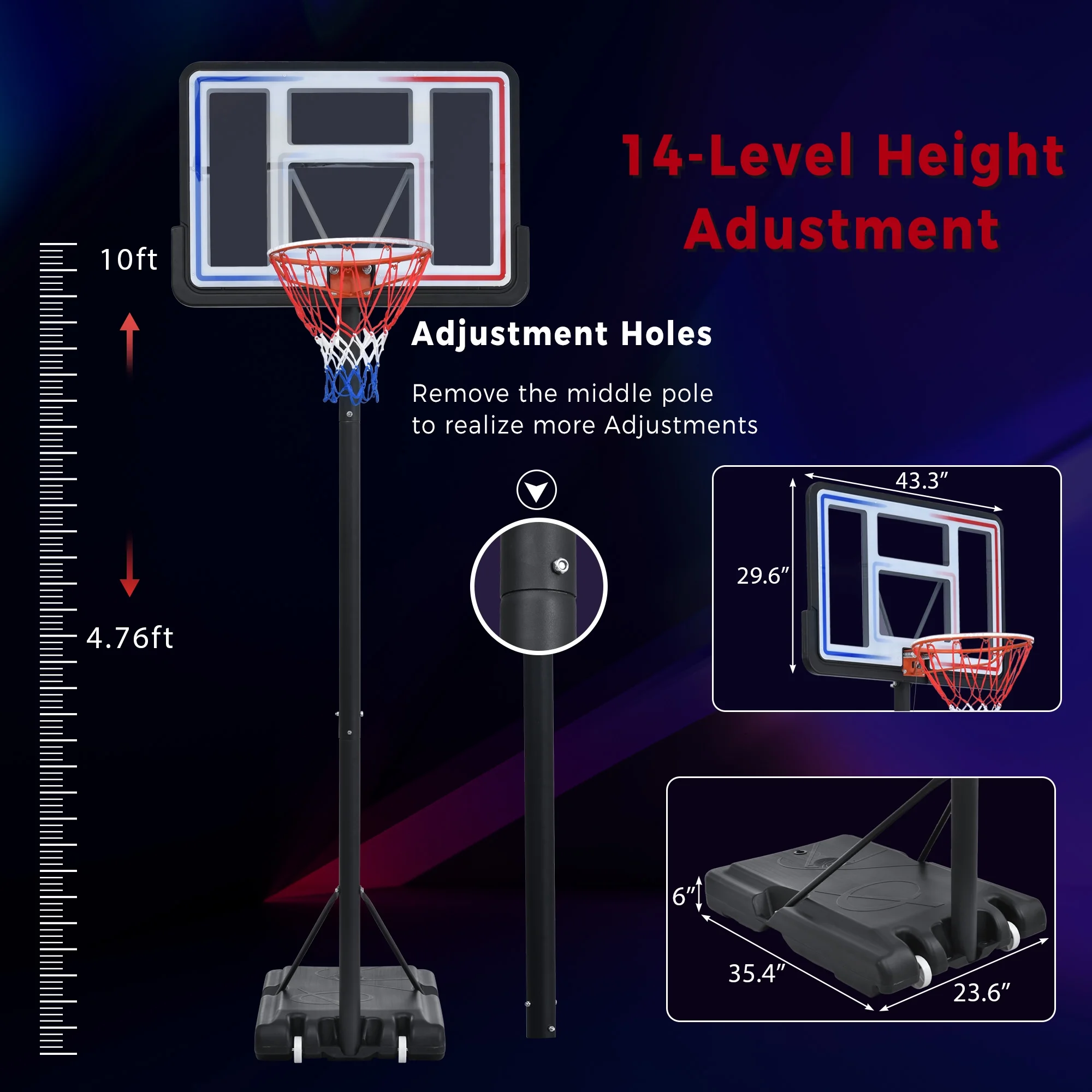 Basketball Hoop for Kids, Indoor Outdoor Basketball Court, 5.6ft-7ft Height Adjustable Basketball Goal with Removable Wheels, TE3089