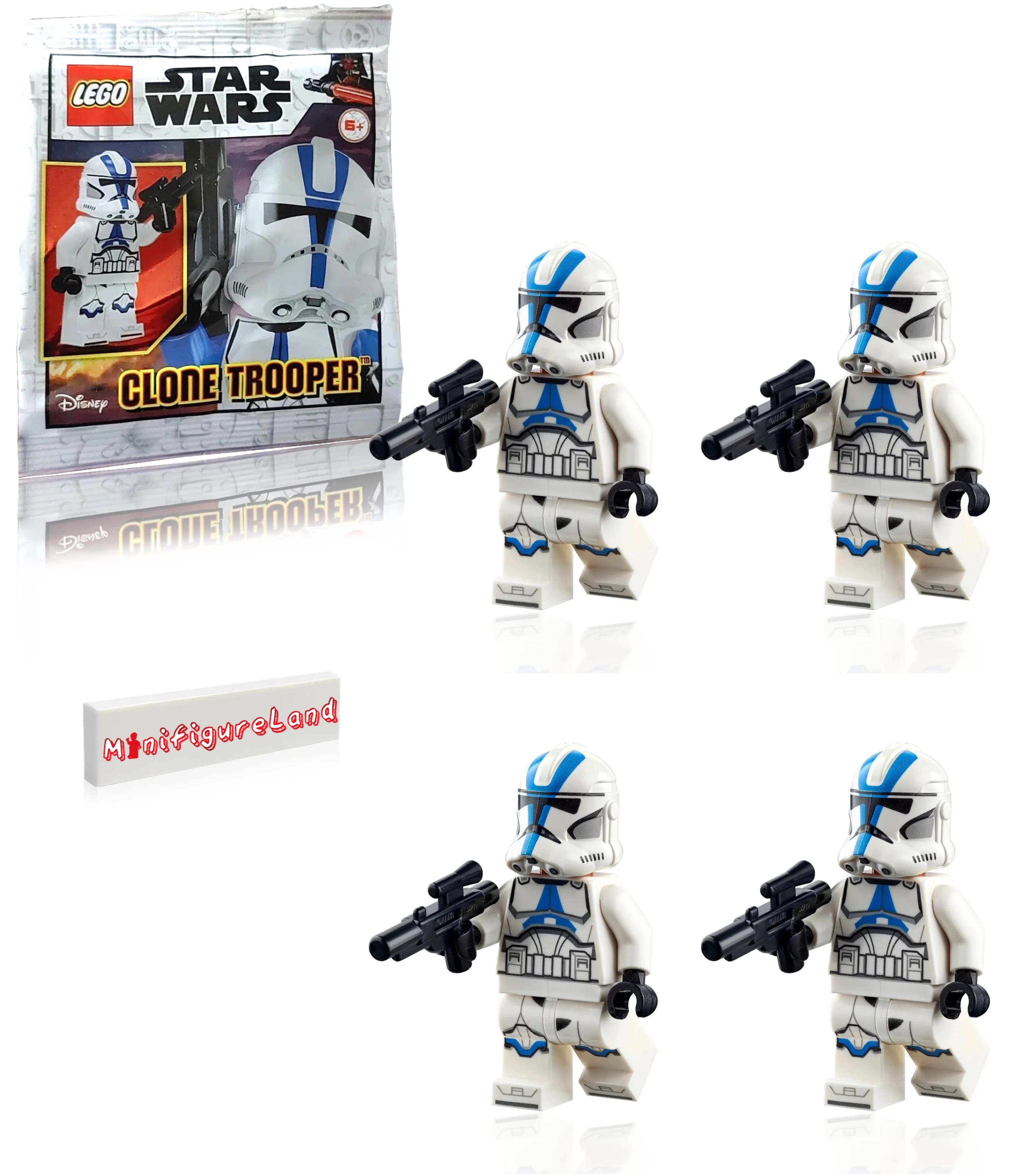 LEGO Star Wars The Clone Wars Minifigure – 501st Legion Clone Trooper with Blaster and Minifigureland Tile (75280) 4 Pack