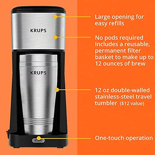 Krups 12oz Single Serve Coffee Maker with Travel Tumbler | Stainless Steel & Black