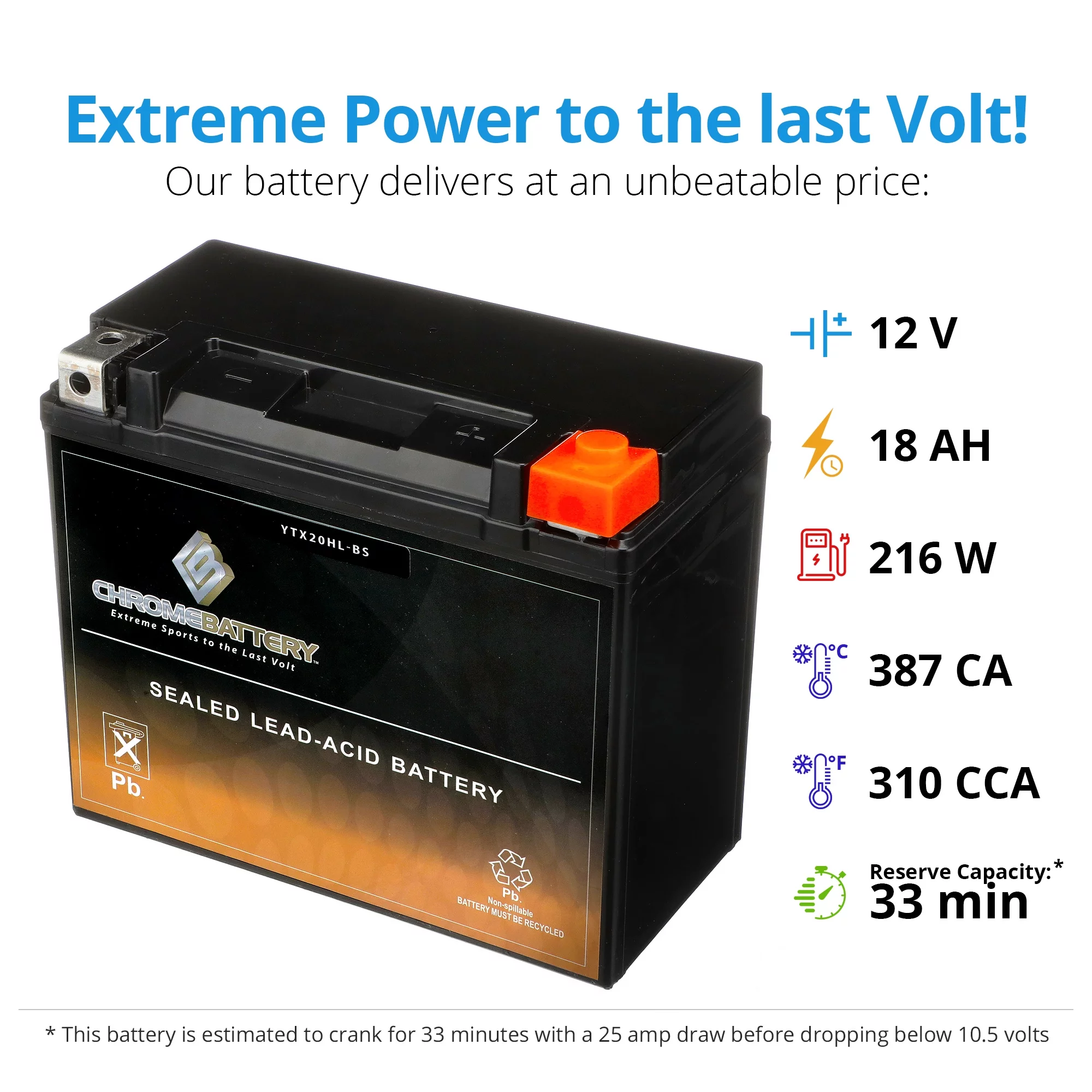 Chrome Battery Ytx20hl-bs (20hl-bs 12 Volts,18 Ah, 310 Cca) Replacement Battery for 2011 Kawasaki 1500cc Jt1500b, C, 250x, Ultra Lx, 260(l)x, 300(l)x