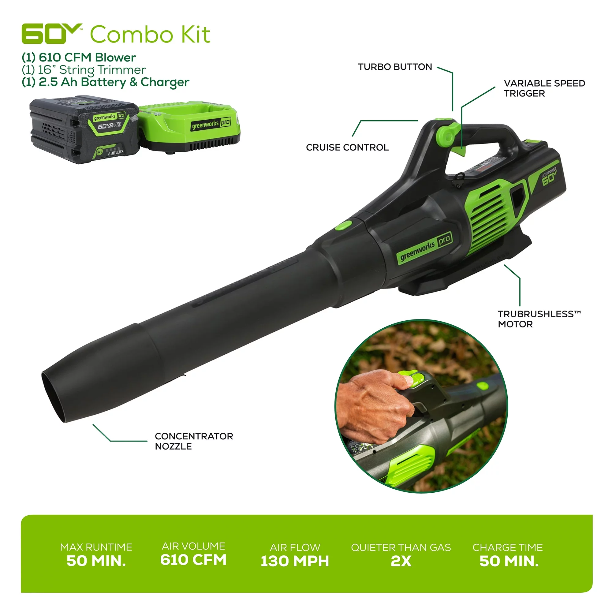 Greenworks 60V Cordless 13″ String Trimmer and 125 MPH 450 CFM Leaf Blower Combo Kit, 4Ah Battery & Charger