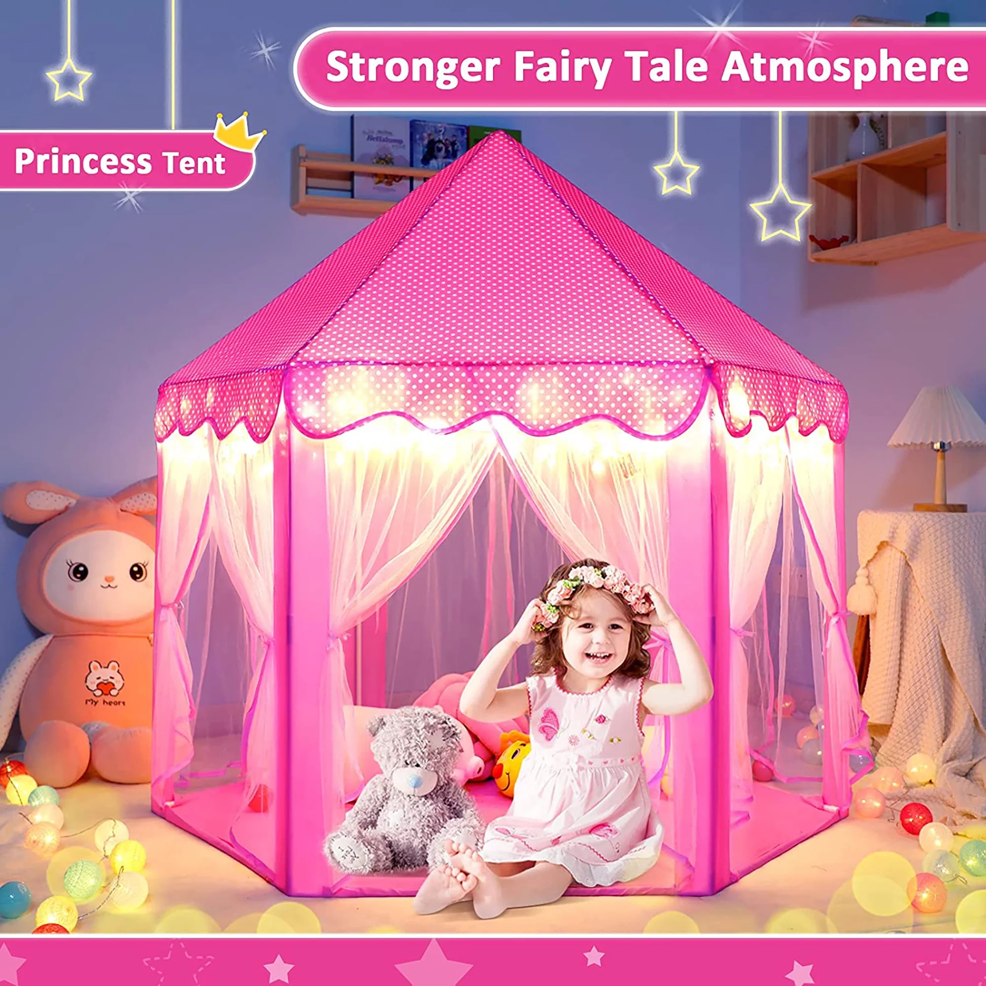 Princess Kids Tent for Girls Large Fairy Playhouse with Star Lights Indoor Outdoor Toys