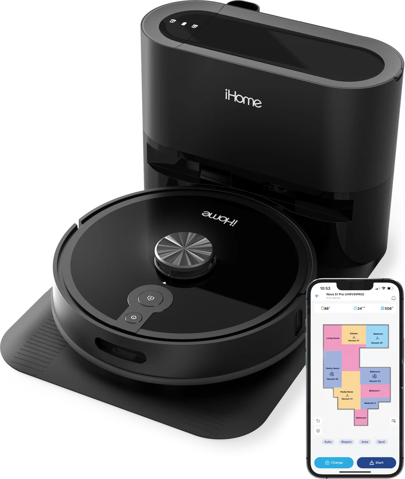 iHome AutoVac Nova S1 Pro Self Empty Robot Vacuum, LIDAR Mapping, 150 Min Runtime, Strong Suction, New