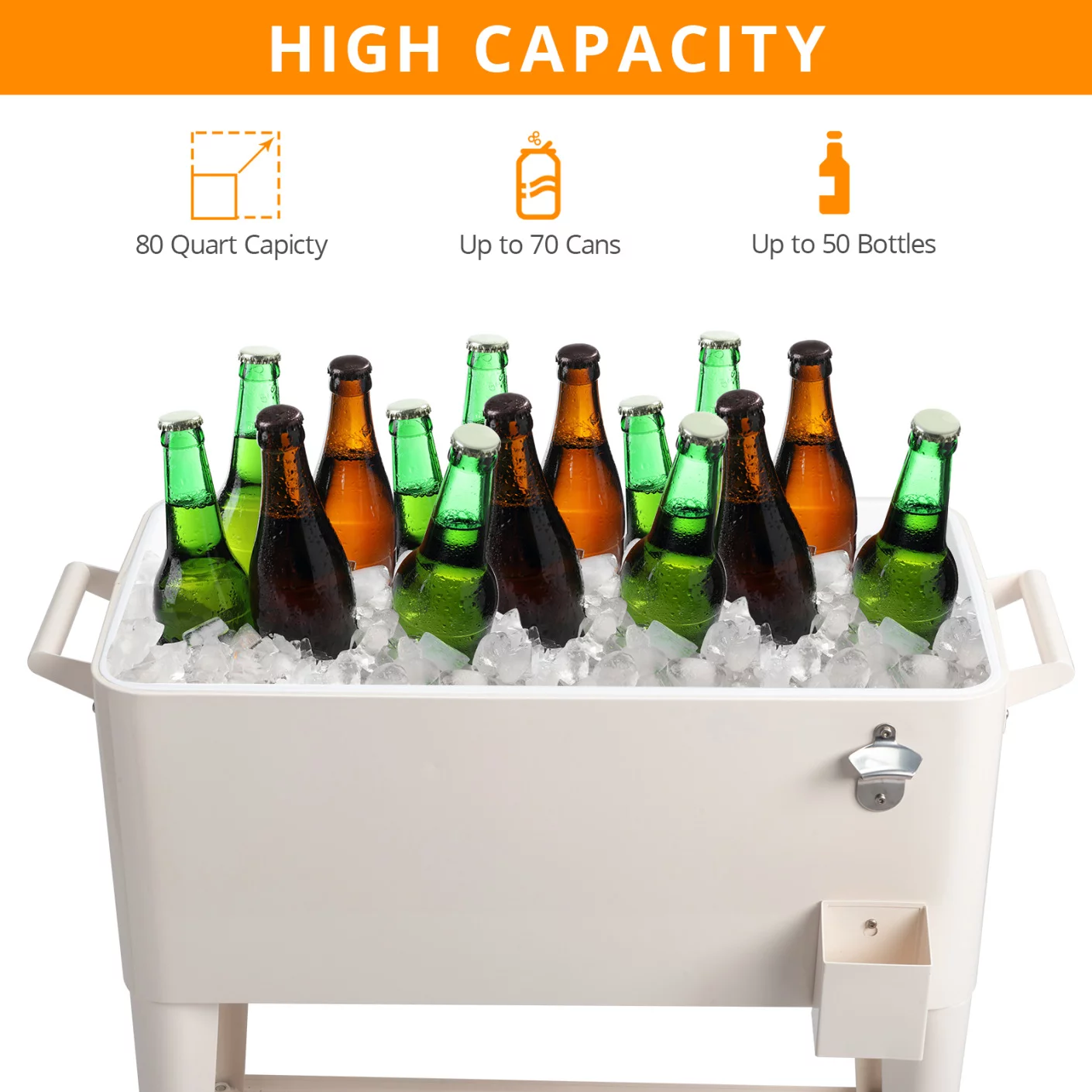 80 Quart Rolling Cooler Cart with Lockable Wheels, Portable Ice Chest for Outdoor Events, Patio Parties, Backyard BBQs, Picnics, Camping – Includes Bottle Opener & Bottle Cap Catcher