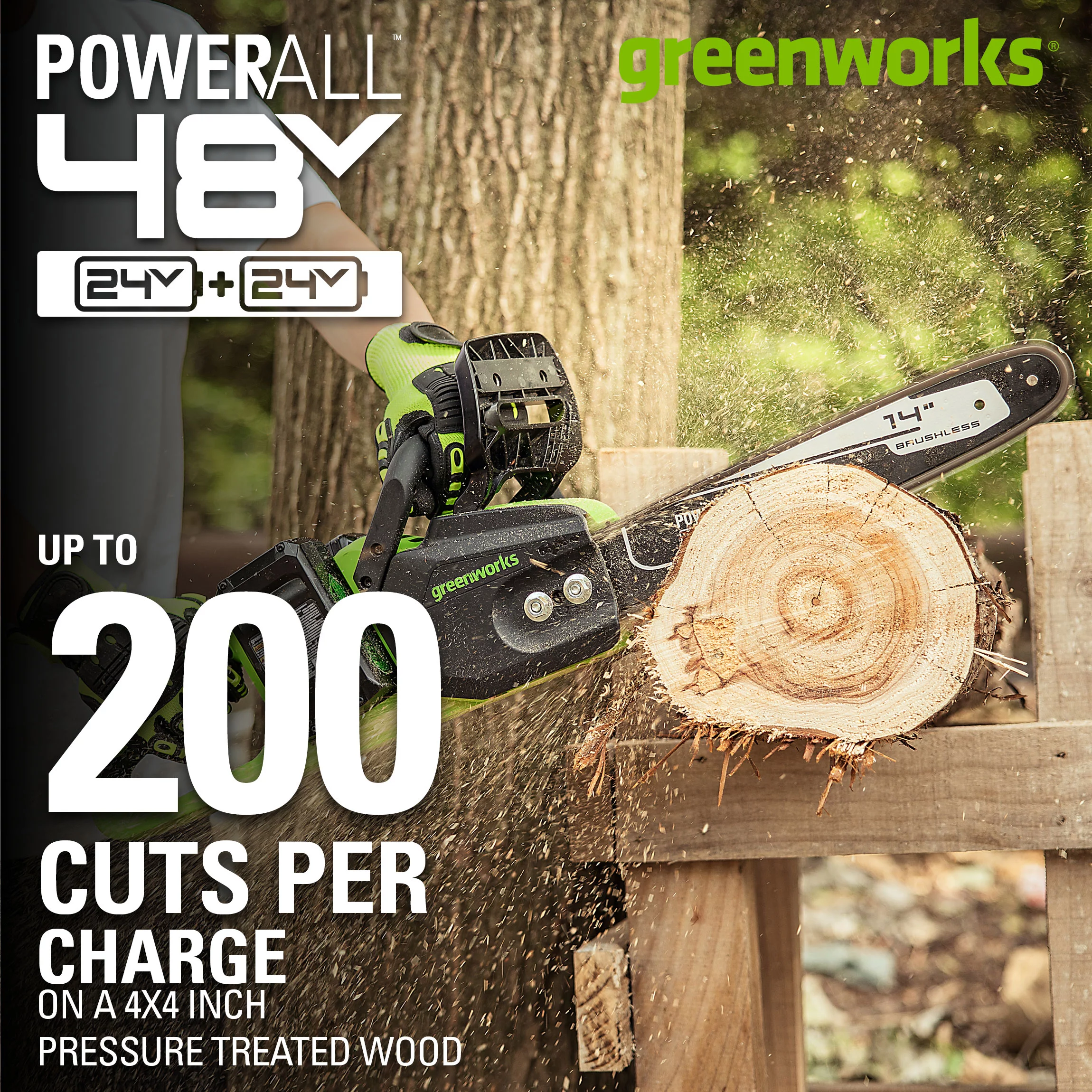 Greenworks 48V (2x24V) Cordless 14-inch Brushless Chainsaw, with (2) 4Ah USB Batteries and Dual Port Charger, 2017902