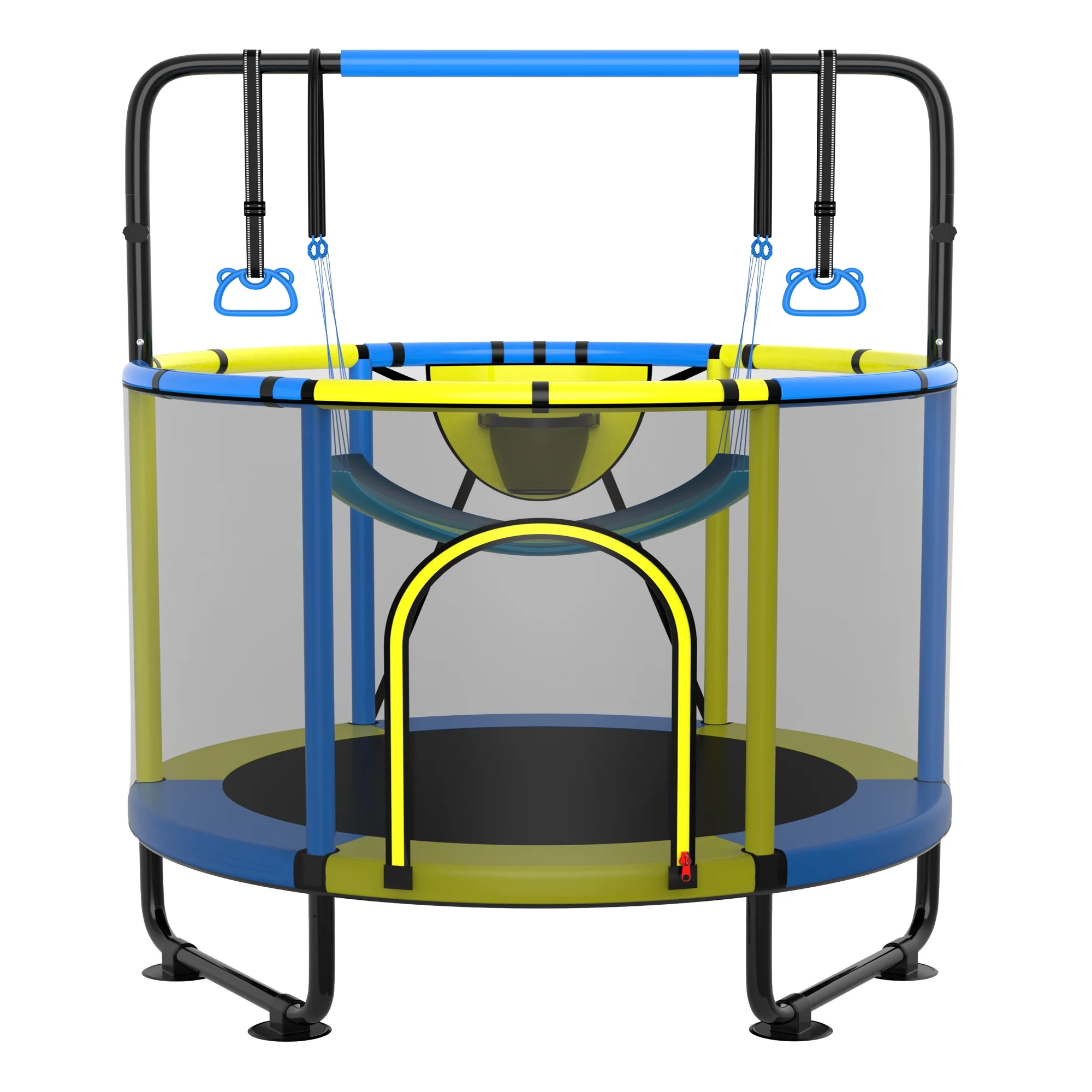 Kumix 60” Trampoline for Kids, 440LBS Indoor/Outdoor Trampoline with Enclosure, Basketball Hoop, Mini Toddler Trampoline with Swings, Adjustable Bars and Rings, Gifts for Kids, Toddler, Boys & Girls