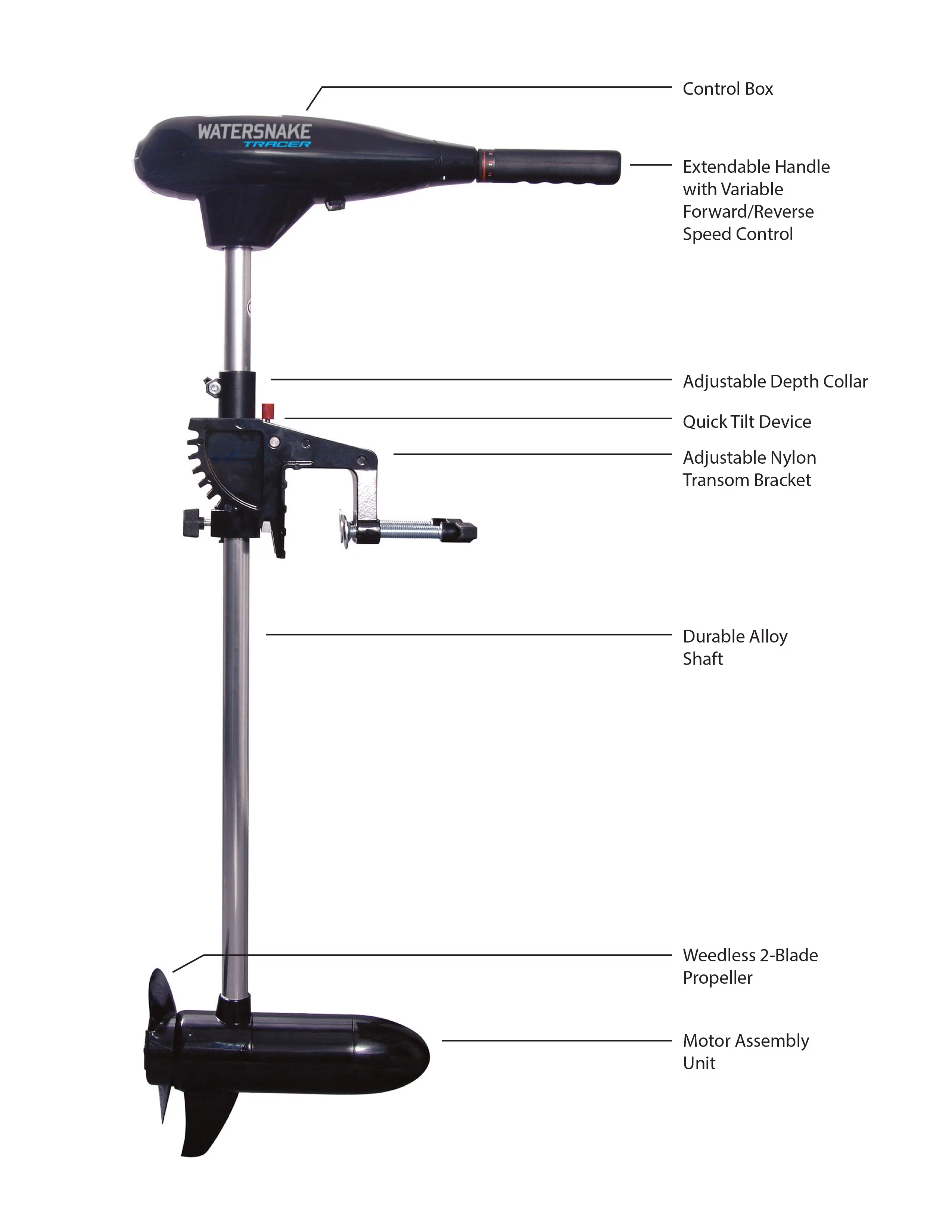 Tracer Transom Mount Trolling Motor. 30 lb thrust and 30 in shaft.