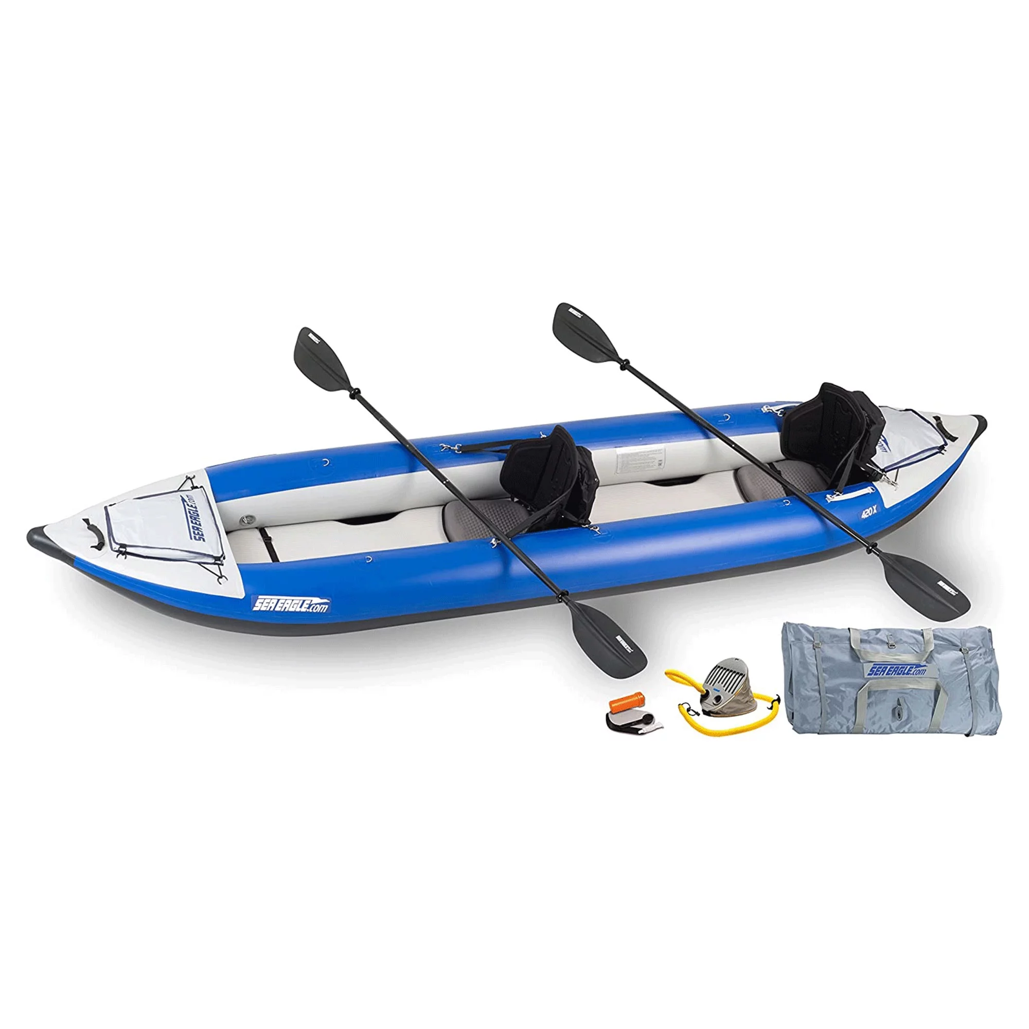 Sea Eagle 420X Inflatable 3 Person Kayak Explorer with Pro Package, White/Blue