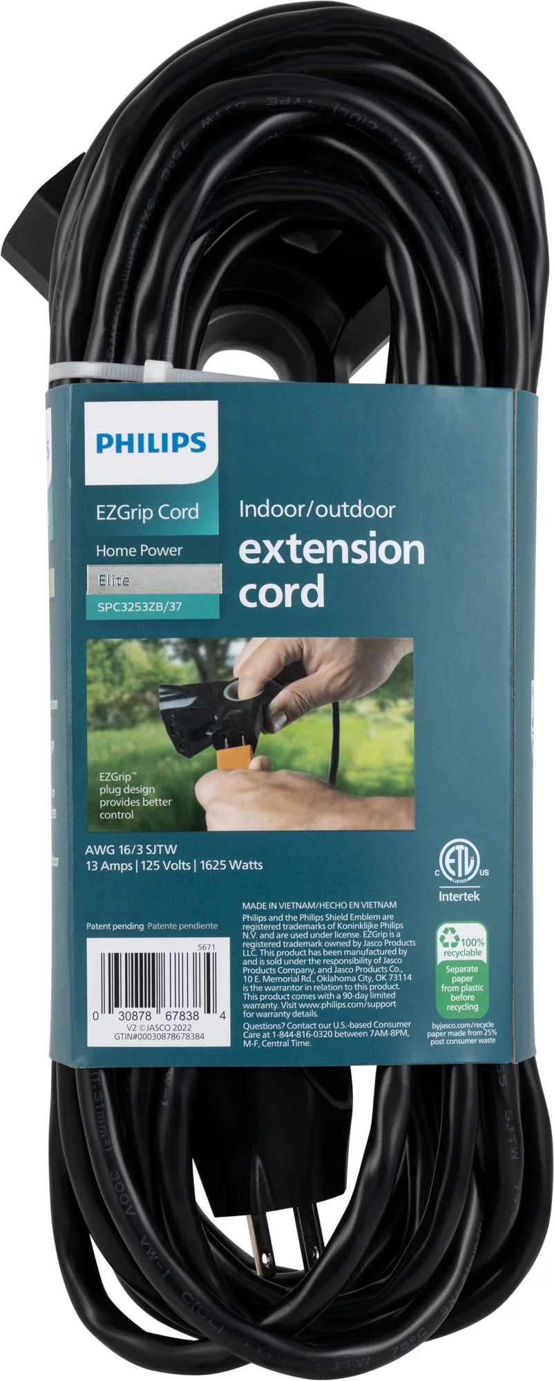 Philips EZGrip 25FT 16 AWG 3-Outlet Extension Cord, Black, Indoor/Outdoor