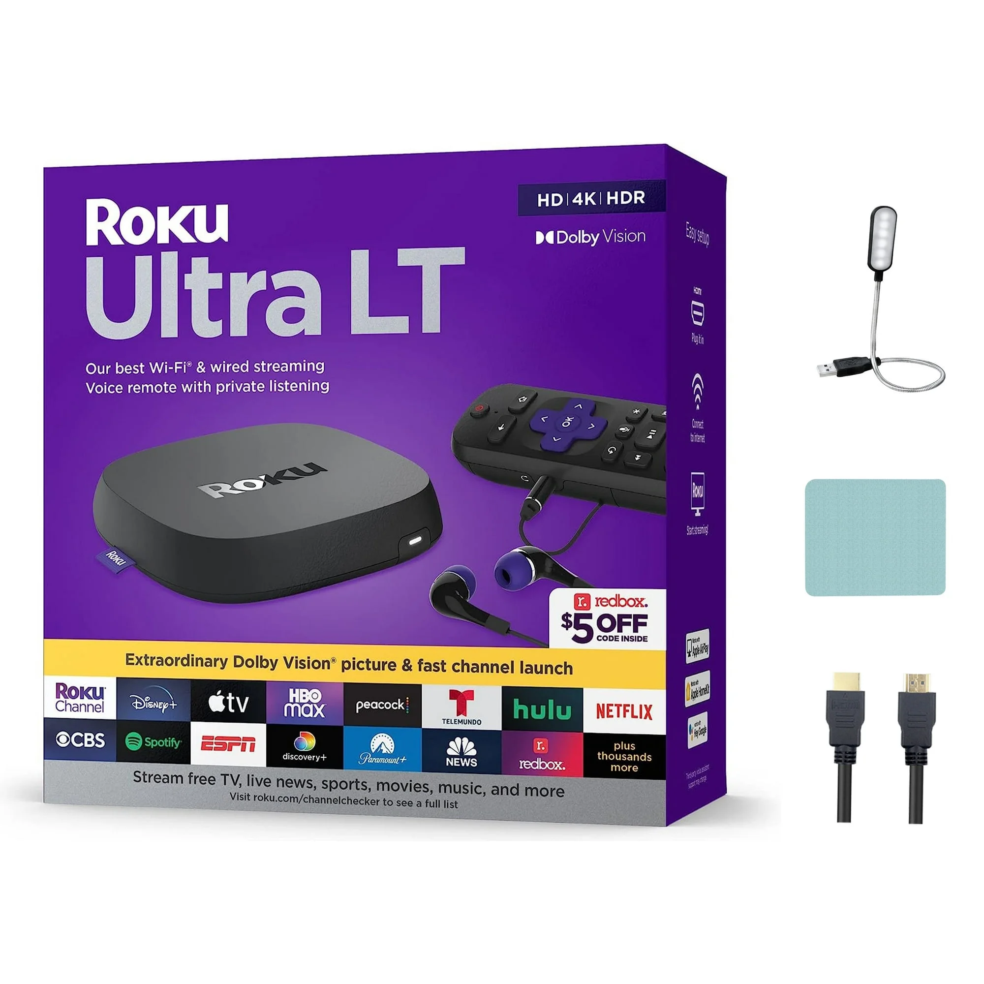 Restored Roku Ultra LT Streaming Device 4K/HDR/Dolby Vision/Dual-Band Wi-Fi with Roku Voice Remote and HDMI Cable (Refurbished)