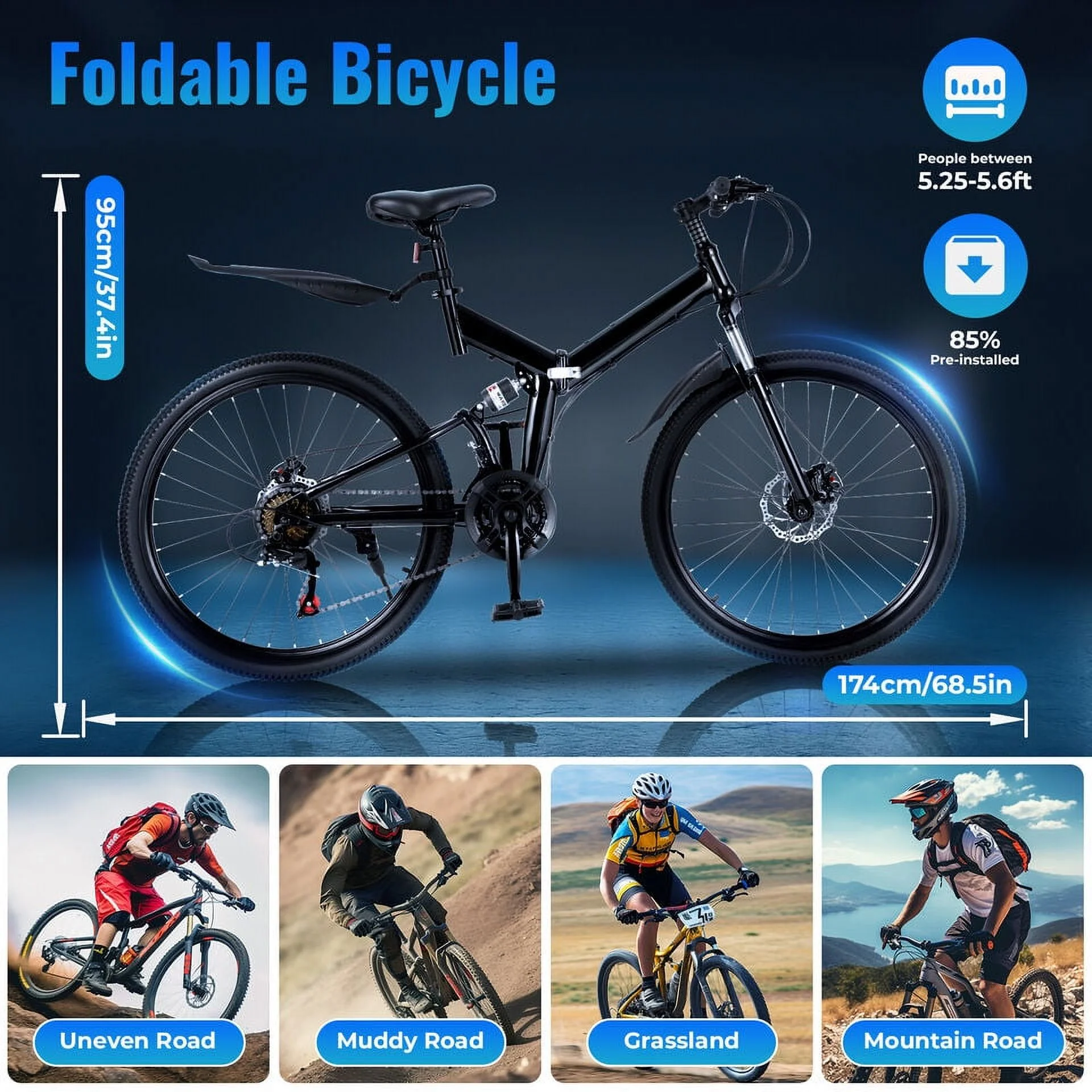 Oukaning 26″ Folding Mountain Bike 21 Speeds Full Suspension MTB Disc Brake Bicycle Adult Bicycle