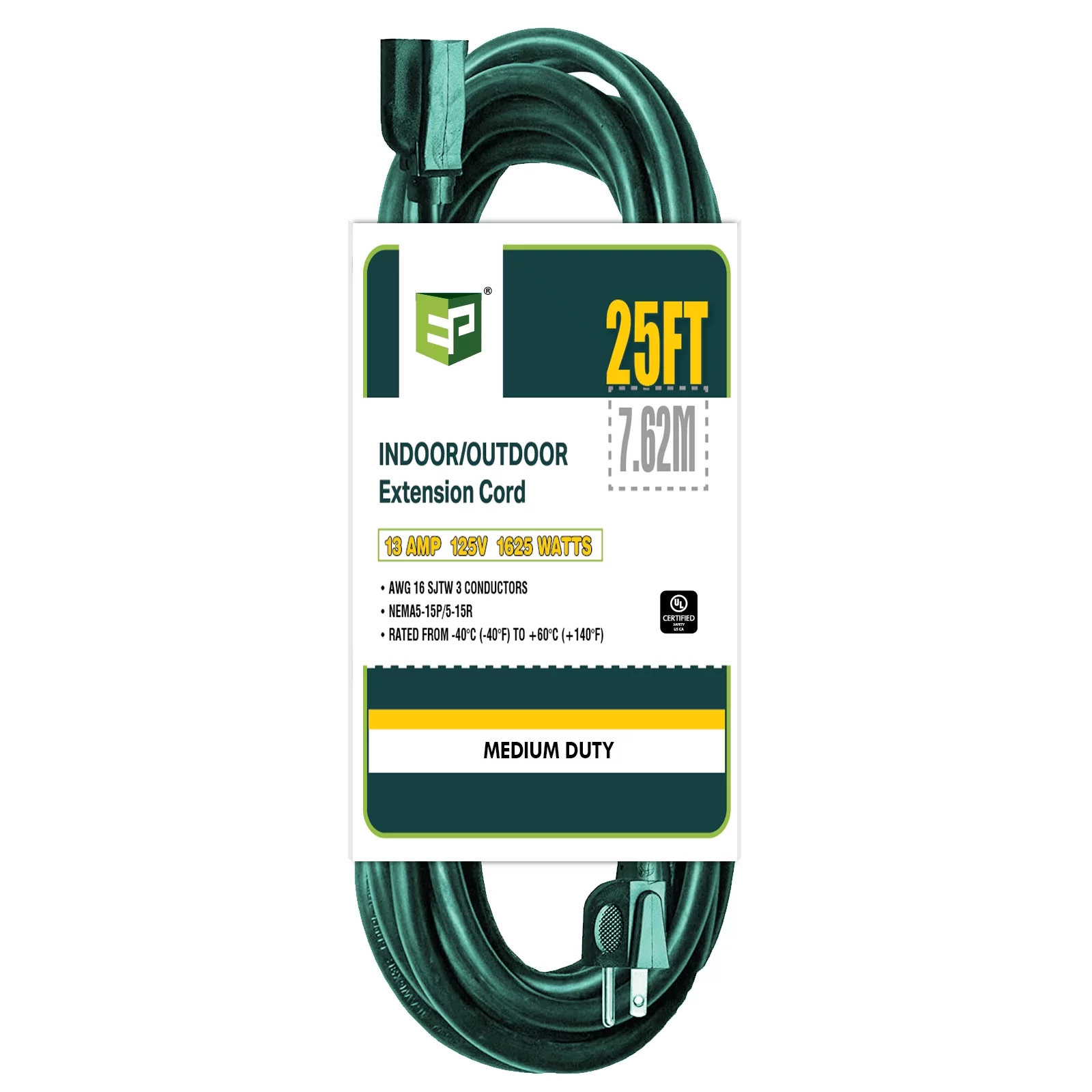 EP 15 Ft Green 16/3 SJTW Extension Cord – Outdoor/Indoor Durable Electrical Cable