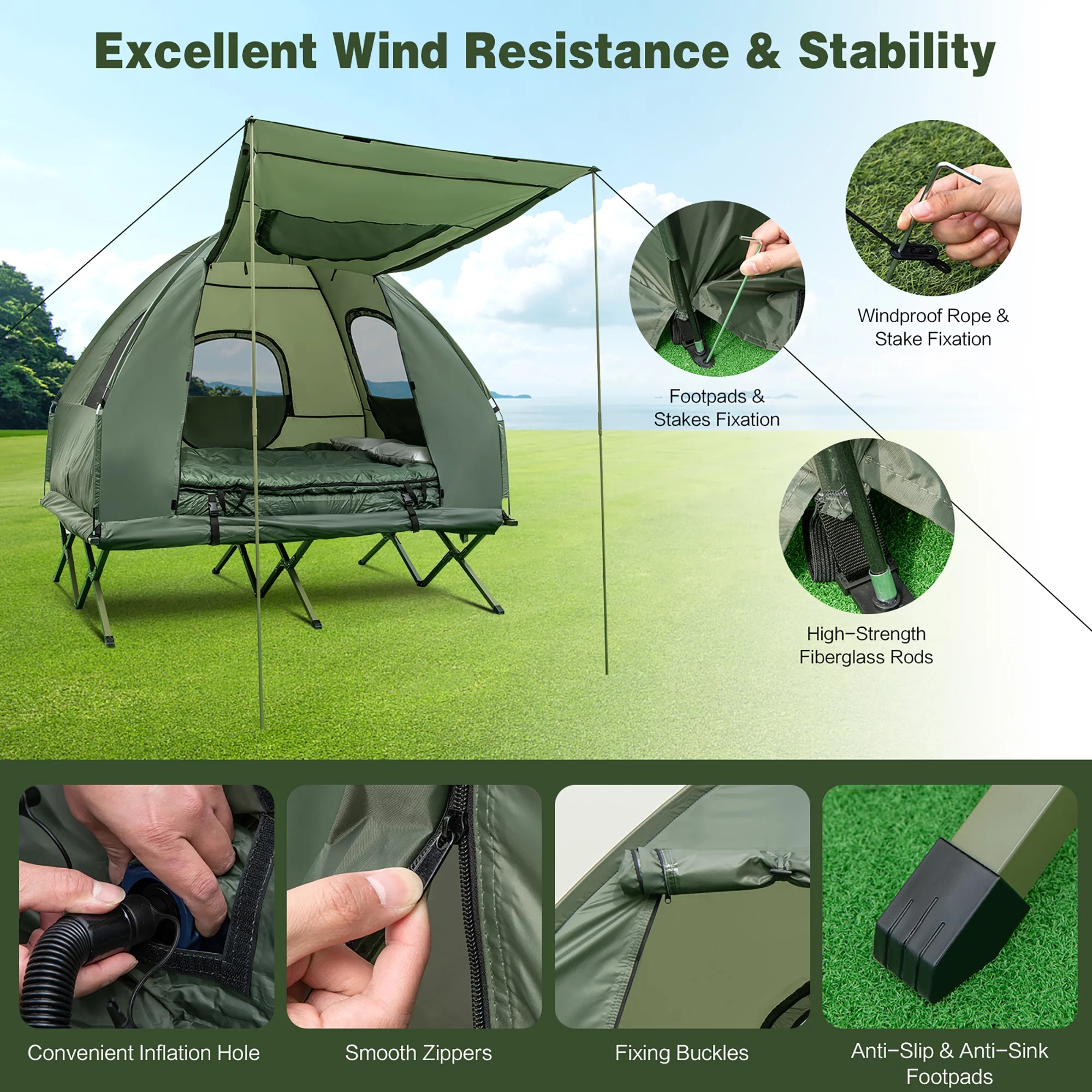 Gymax 2-Person Compact Portable Pop-Up Tent/Camping Cot w/ Air Mattress & Sleeping Bag