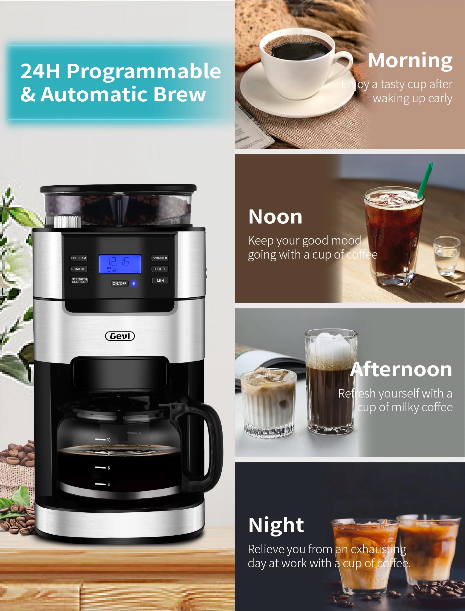 GEVI 10-Cup Programmable Grind and Brew Coffee Maker, Drip Coffee Make, Automatic Coffee Machine with Built-In Burr Coffee Grinder