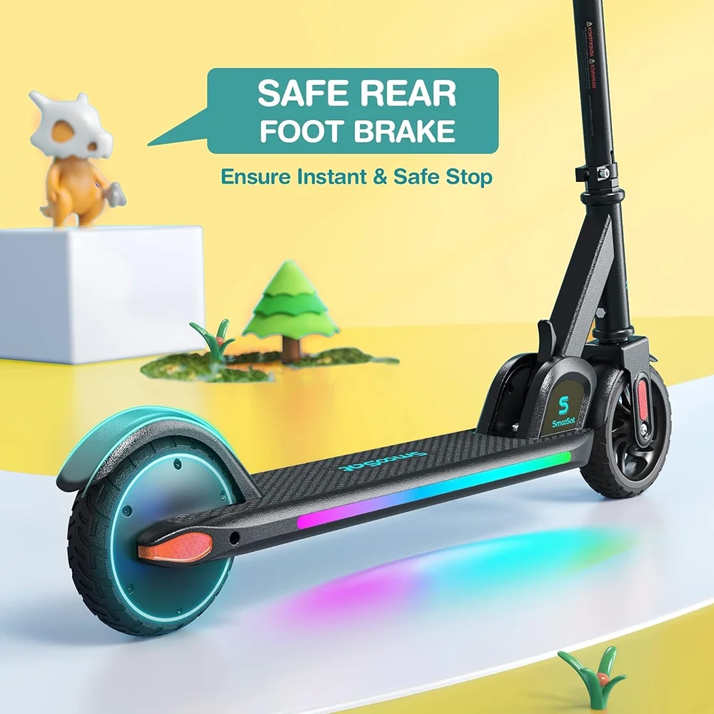 Electric Scooter for Kids, Foldable Scooter with Colourful Rainbow Light and LED Display, Adjustable Speed and Height, Black