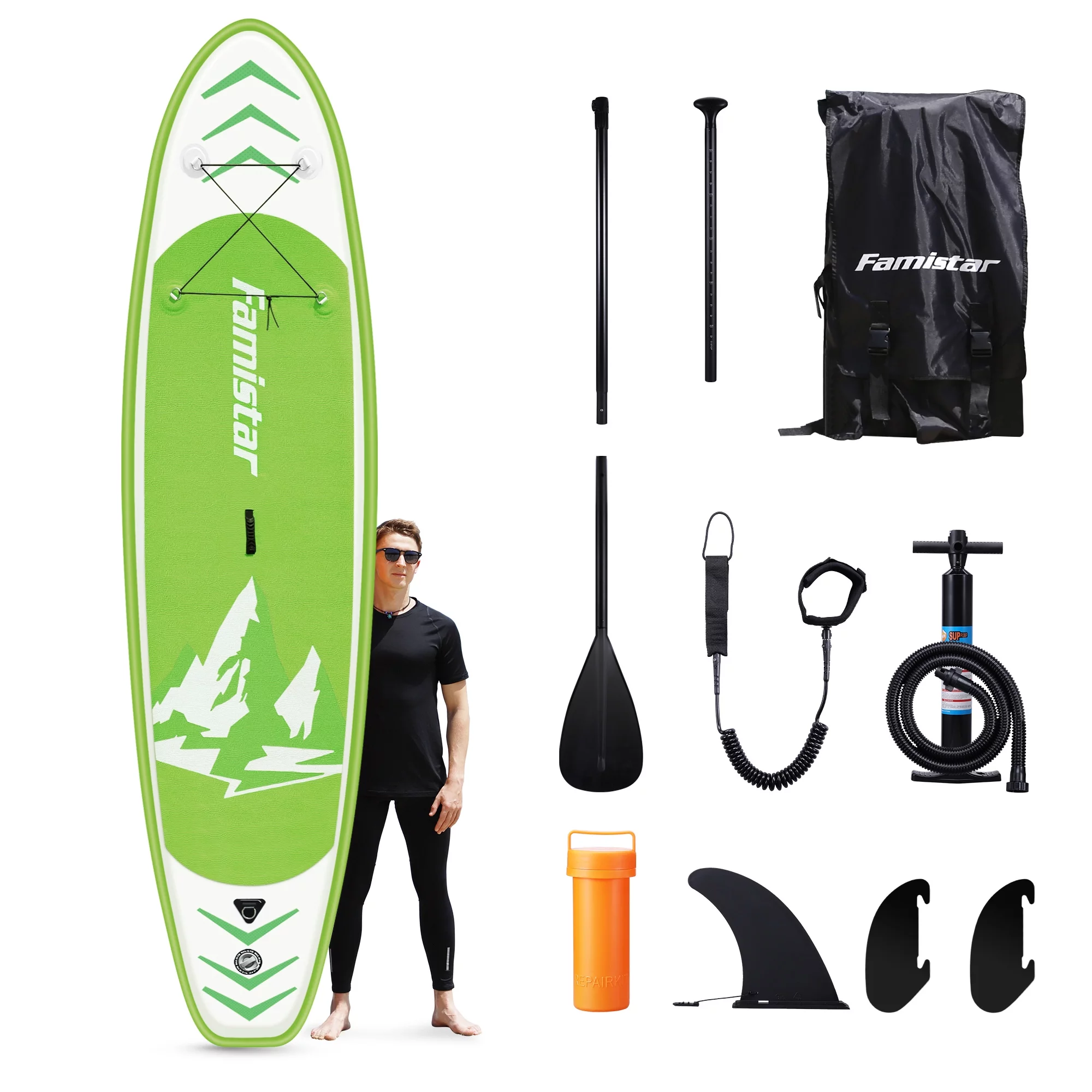 Famistar 8’7″ Inflatable Stand Up Paddle Board SUP w/ 3 Fins, Adjustable Paddle, Pump & Carrying Backpack