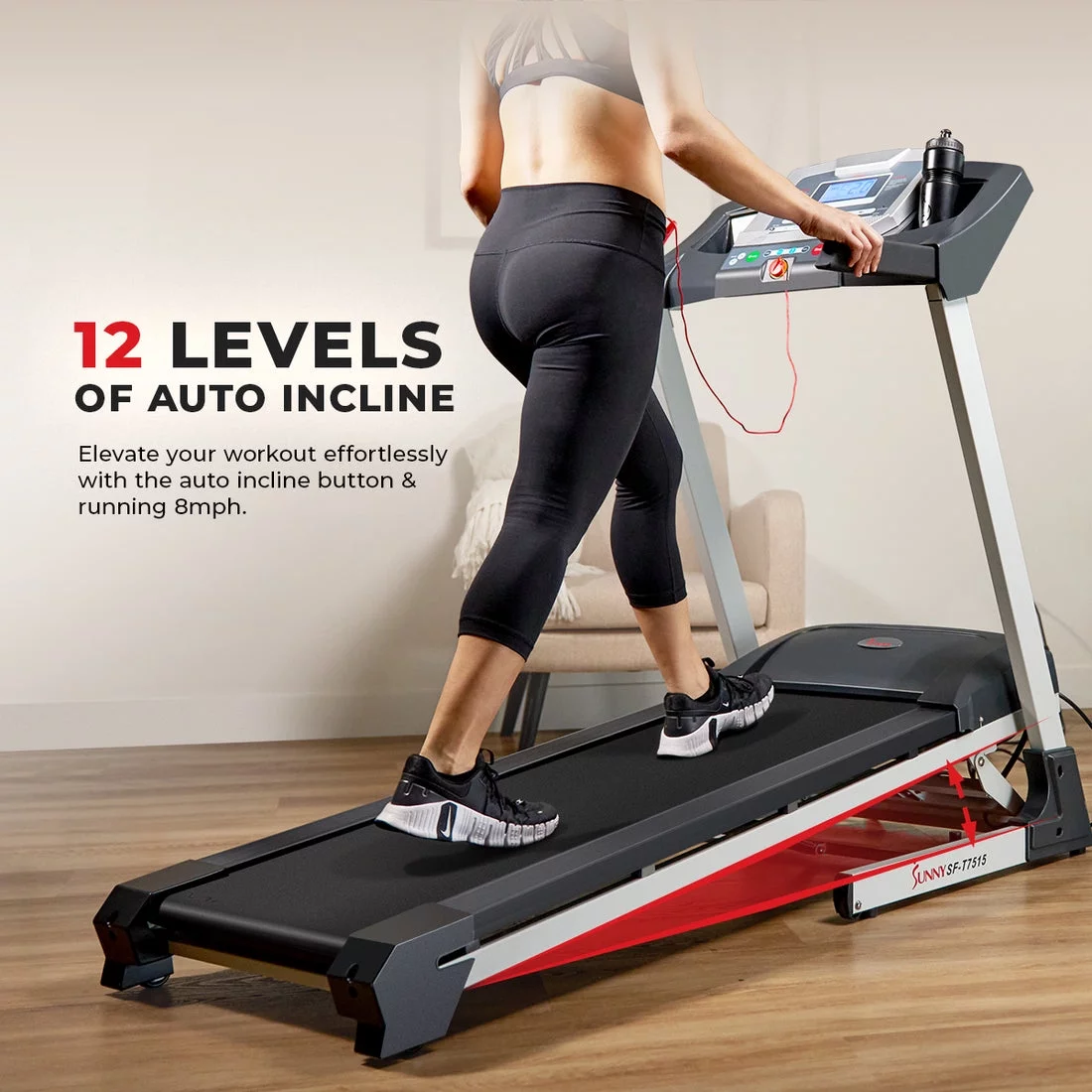 Sunny Health & Fitness Smart Running Treadmill w/ Auto Incline, Sound System, Bluetooth, Foldable, High Weight Capacity, SF-T7515