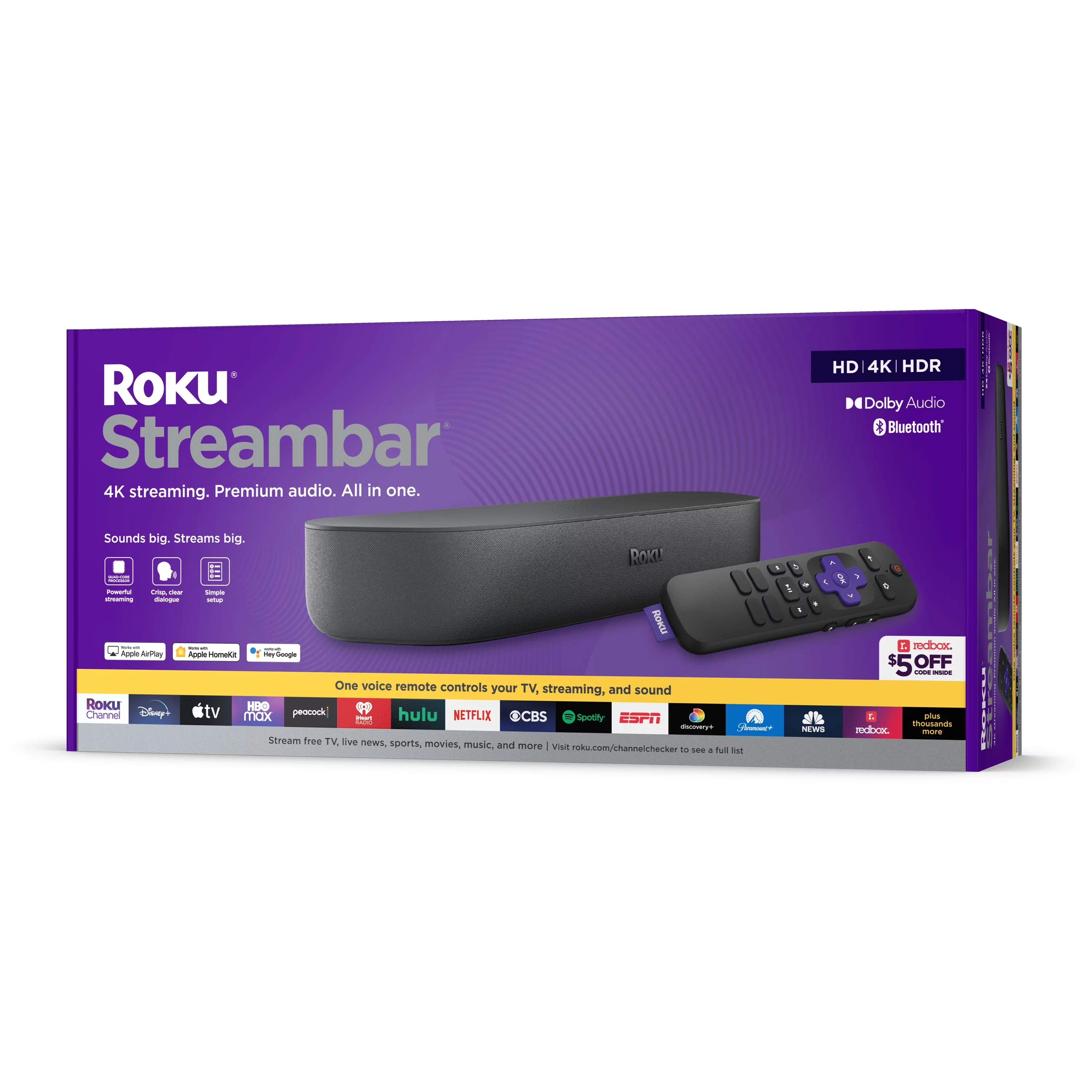 Roku Streambar | 4K/HD/HDR Streaming Media Player & Premium Audio, All In One, Includes Roku Voice Remote