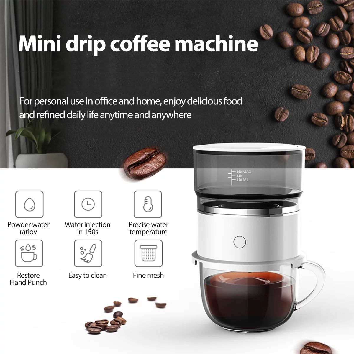 Ikoopy Automatic Coffee Maker Brewer Kit Mini Portable Programmable Coffeemaker Grinder Smart Drip Coffee Pot Hand Brewing Coffee Machine Powered