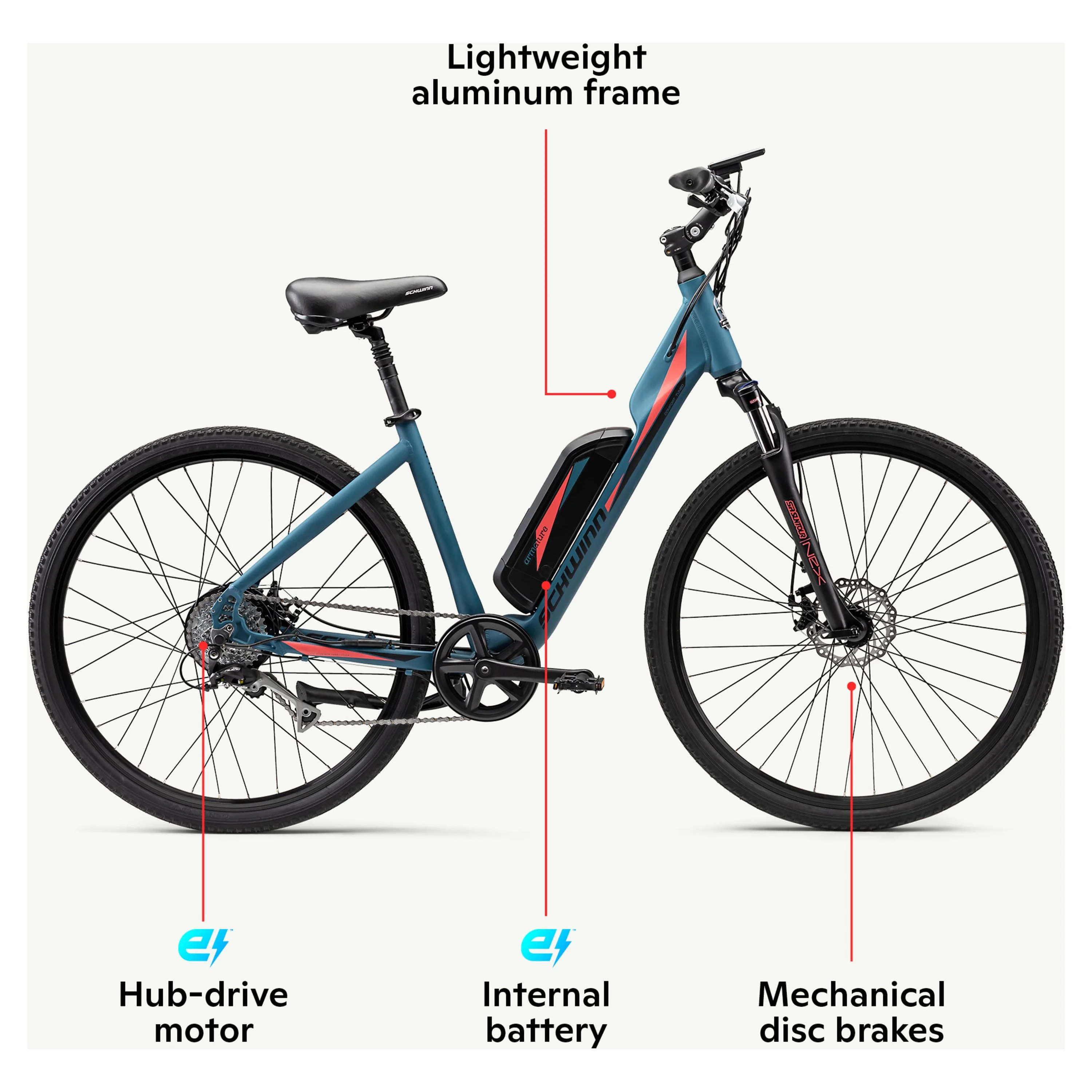 Schwinn 700c Armature Unisex Electric Bike for Adults, Blue, Medium Frame, Comfortable Ebike